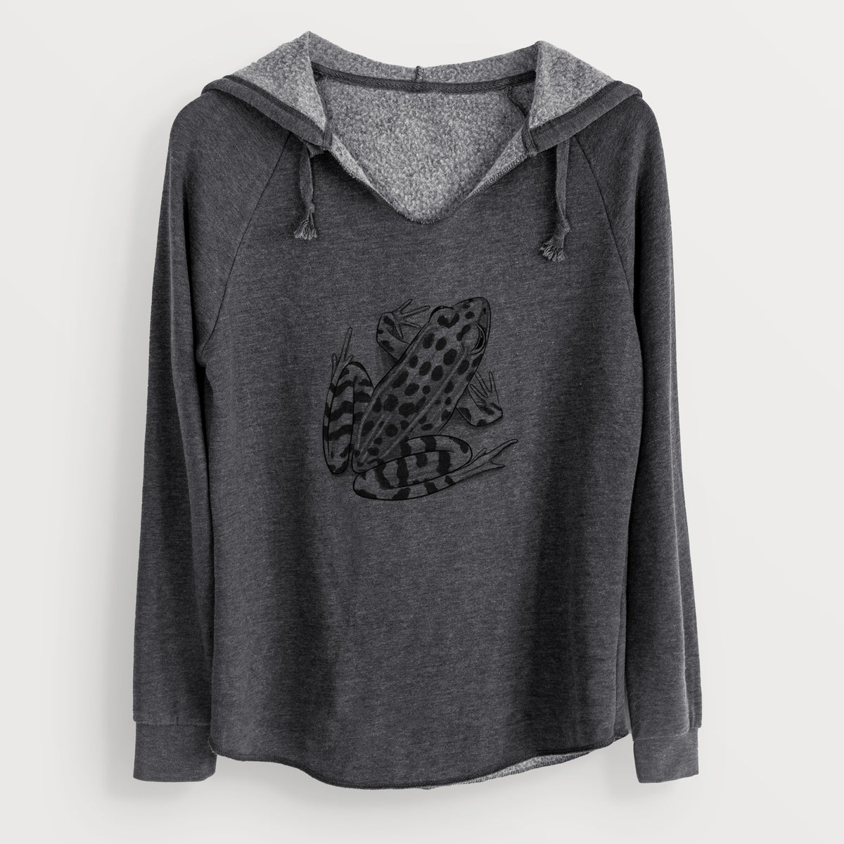 Charcoal grey women's Cali Wave hooded sweatshirt laid flat, printed with a detailed black ink illustration of a spotted northern leopard frog.