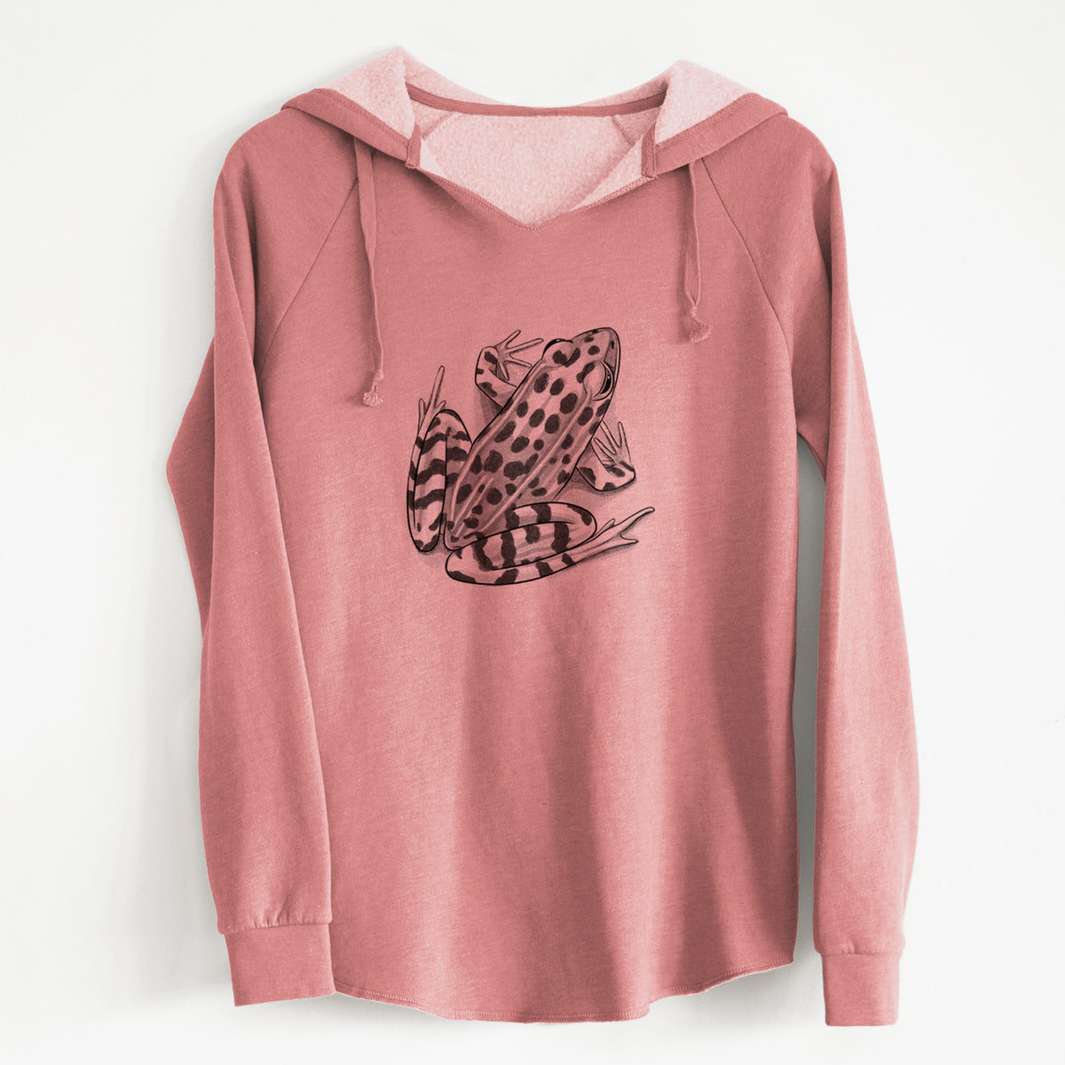 Dusty rose women's Cali Wave hooded sweatshirt laid flat, printed with a detailed black ink illustration of a spotted northern leopard frog.