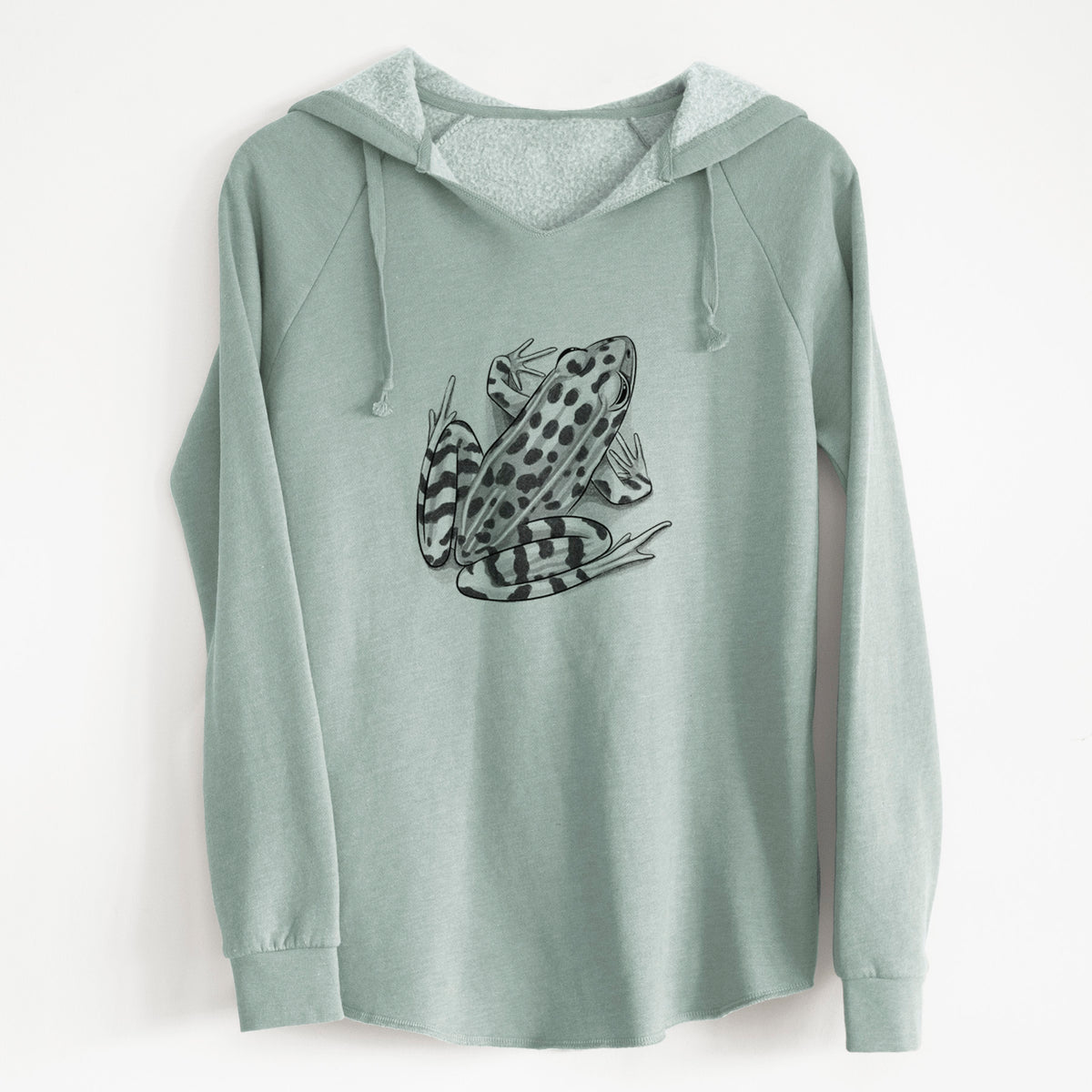 Sage green women's Cali Wave hooded sweatshirt laid flat, printed with a detailed black ink illustration of a spotted northern leopard frog.