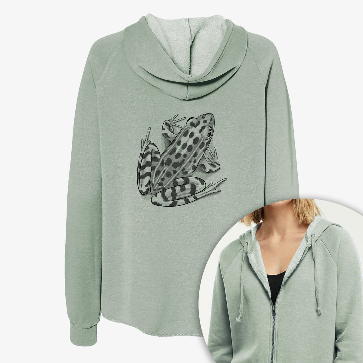 Women's Cali Wave zip-up sweatshirt printed with a detailed black ink illustration of a spotted northern leopard frog, with a close-up of the zipper.