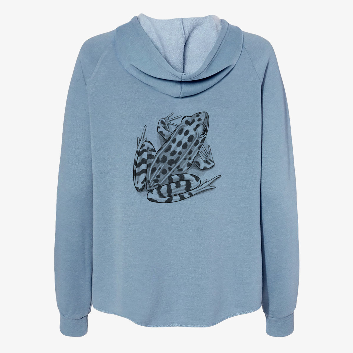 Misty blue women's Cali Wave zip-up sweatshirt laid flat, printed with a detailed black ink illustration of a spotted northern leopard frog.