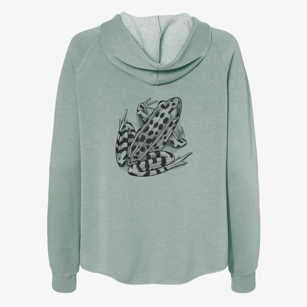 Sage green women's Cali Wave zip-up sweatshirt laid flat, printed with a detailed black ink illustration of a spotted northern leopard frog.