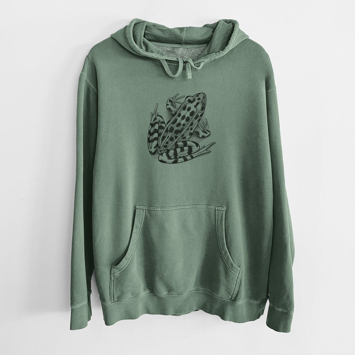 Alpine green pigment dyed hoodie laid flat, printed with a detailed black ink illustration of a spotted northern leopard frog.