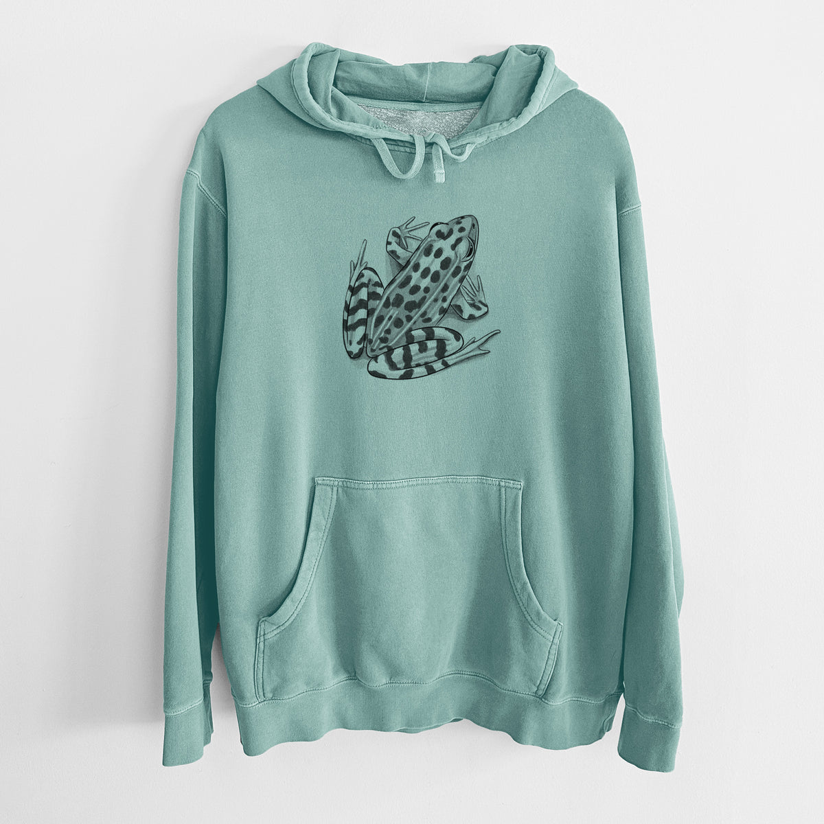 Mint green pigment dyed hoodie laid flat, printed with a detailed black ink illustration of a spotted northern leopard frog.