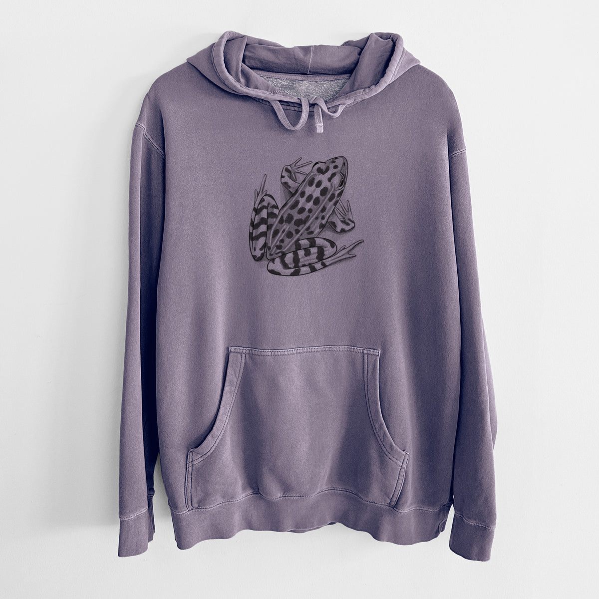 Plum purple pigment dyed hoodie laid flat, printed with a detailed black ink illustration of a spotted northern leopard frog.