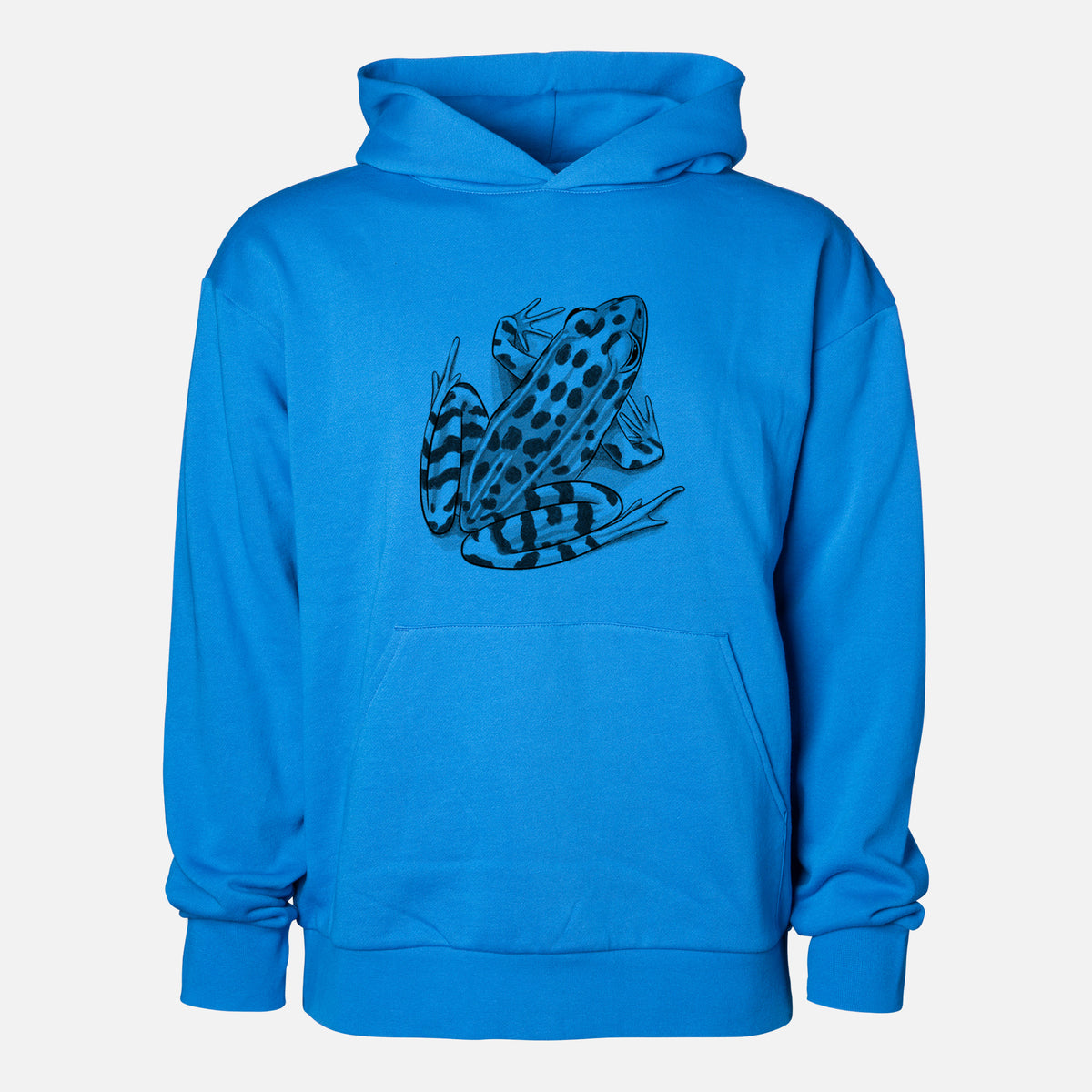 Northern Leopard Frog - Lithobates pipiens - Statement Midweight Hoodie in Azure Blue, shown from the front with the design printed on the chest above a front kangaroo pocket.
