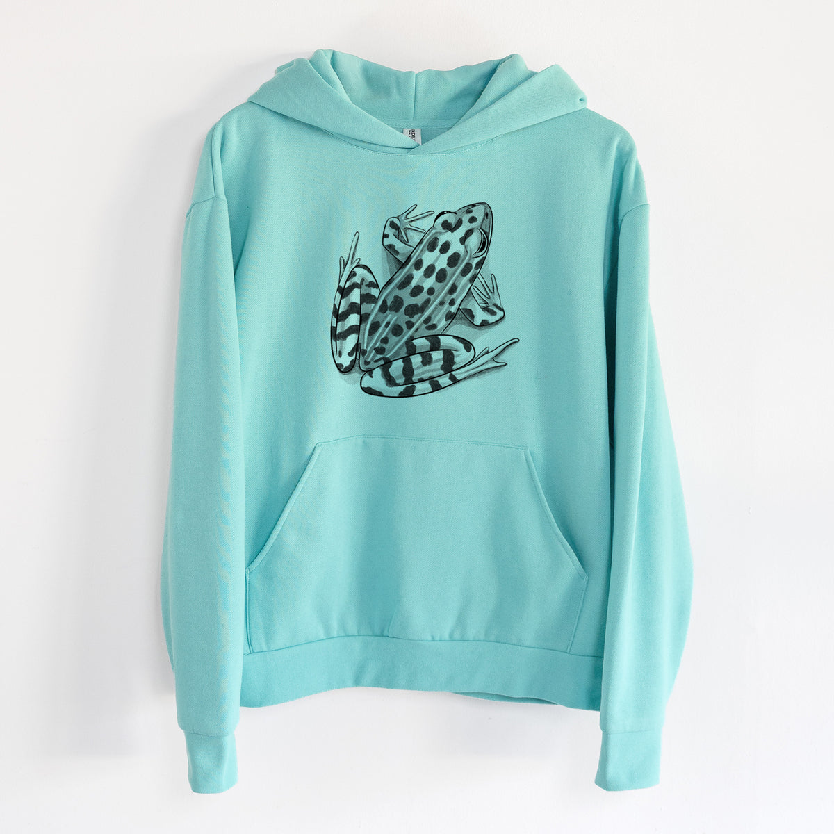 Northern Leopard Frog - Lithobates pipiens - Statement Midweight Hoodie in Seafoam, hanging on a white wall, with a front kangaroo pocket and no drawcords.