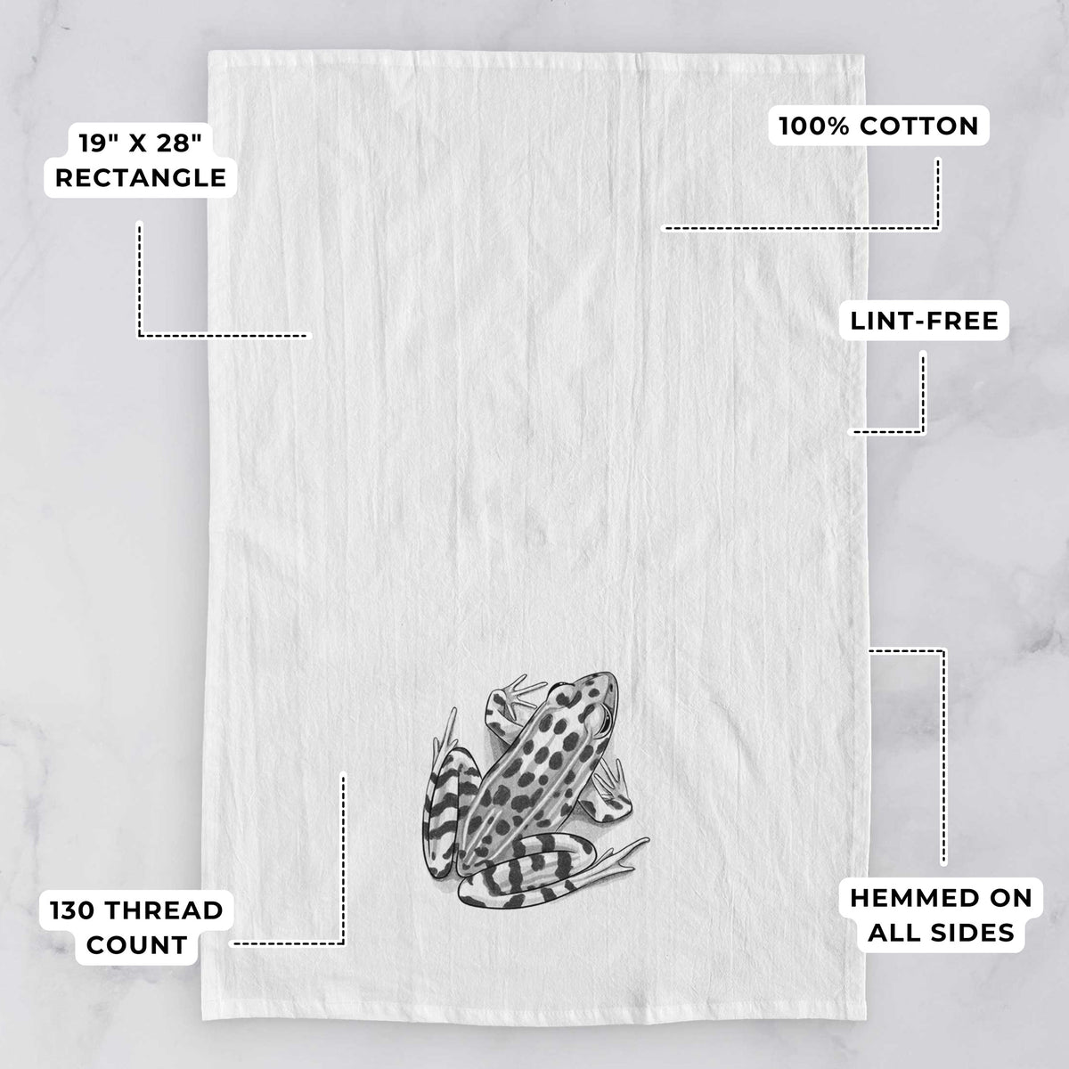 White tea towel printed with a detailed black ink illustration of a spotted northern leopard frog, with feature labels: 19 by 28 inch rectangle, 100% cotton, lint-free, 130 thread count, hemmed on all sides.