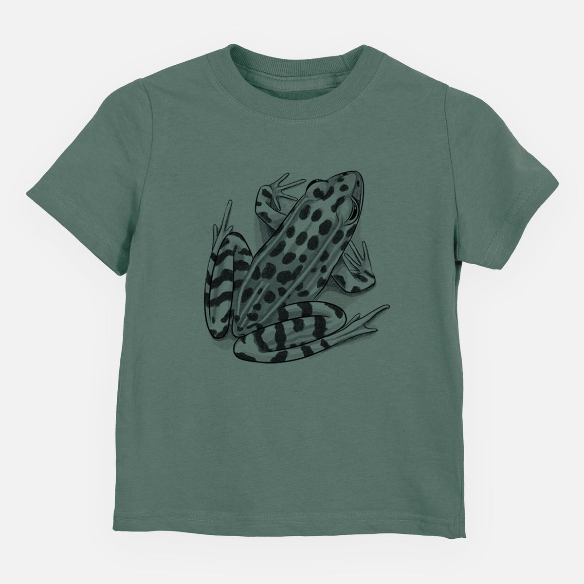Basil green toddler t-shirt laid flat, printed with a detailed black ink illustration of a spotted northern leopard frog.