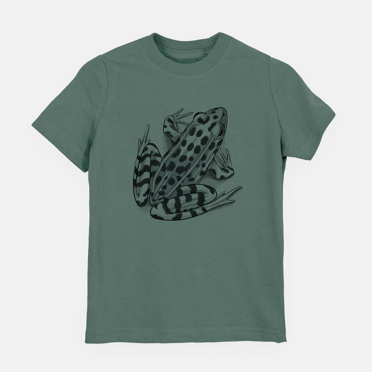 Basil green youth t-shirt laid flat, printed with a detailed black ink illustration of a spotted northern leopard frog.