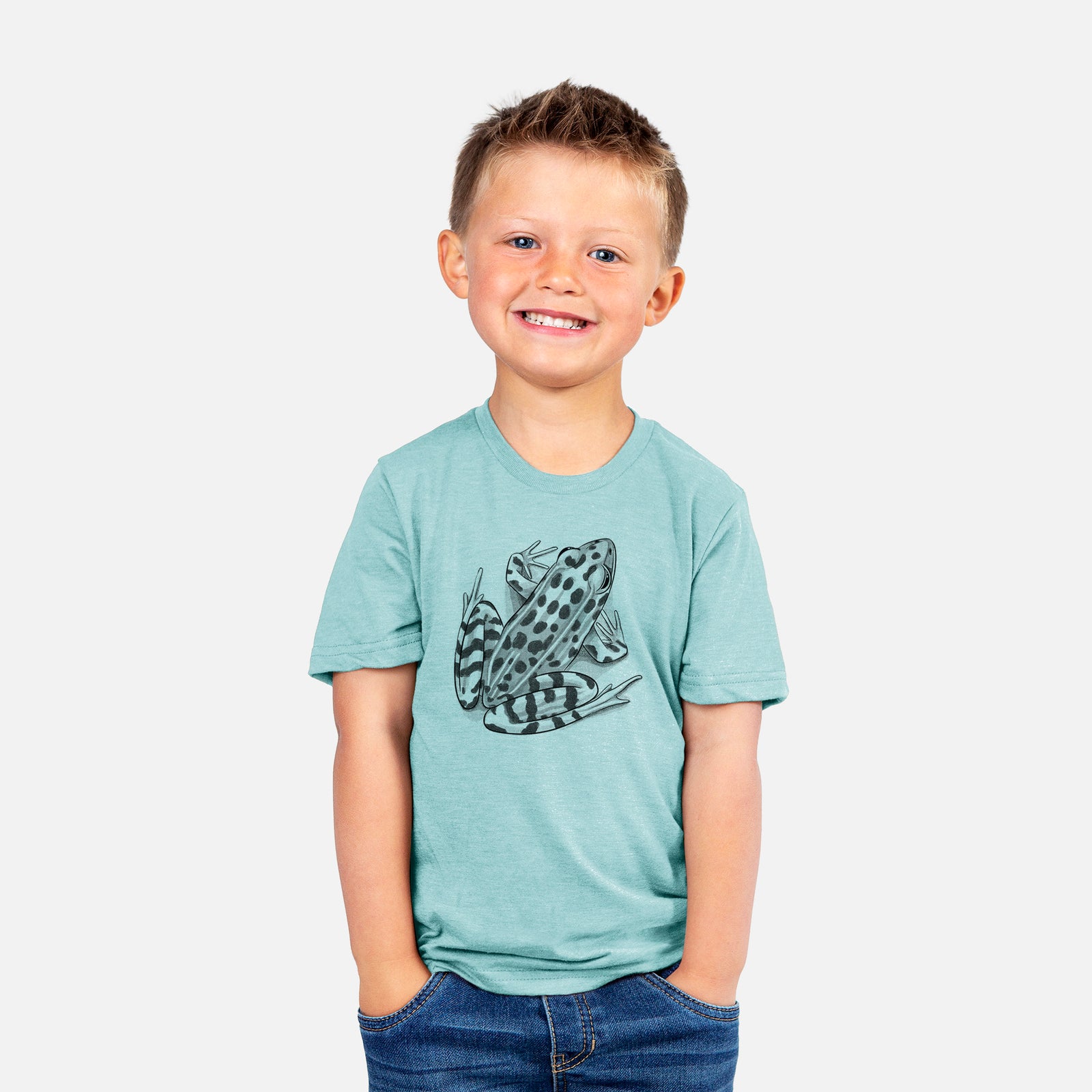 Two youth t-shirts in different colors on hangers, printed with a detailed black ink illustration of a spotted northern leopard frog.