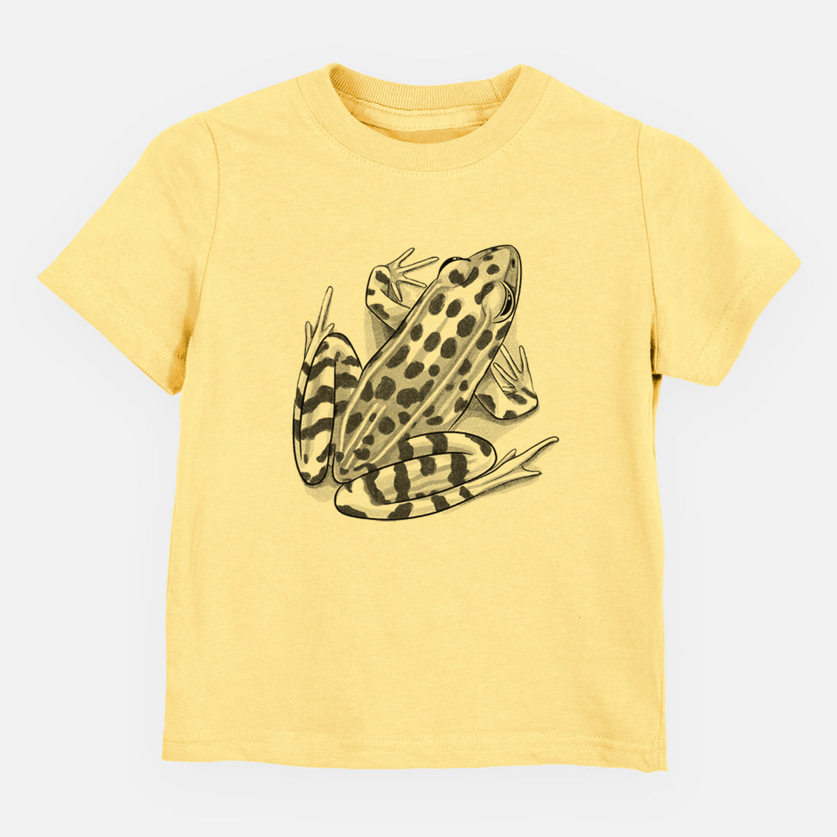 Butter yellow toddler t-shirt laid flat, printed with a detailed black ink illustration of a spotted northern leopard frog.