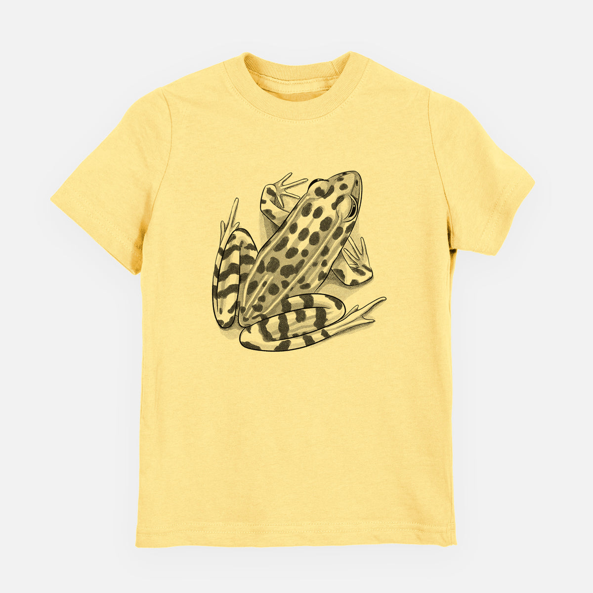 Butter yellow youth t-shirt laid flat, printed with a detailed black ink illustration of a spotted northern leopard frog.