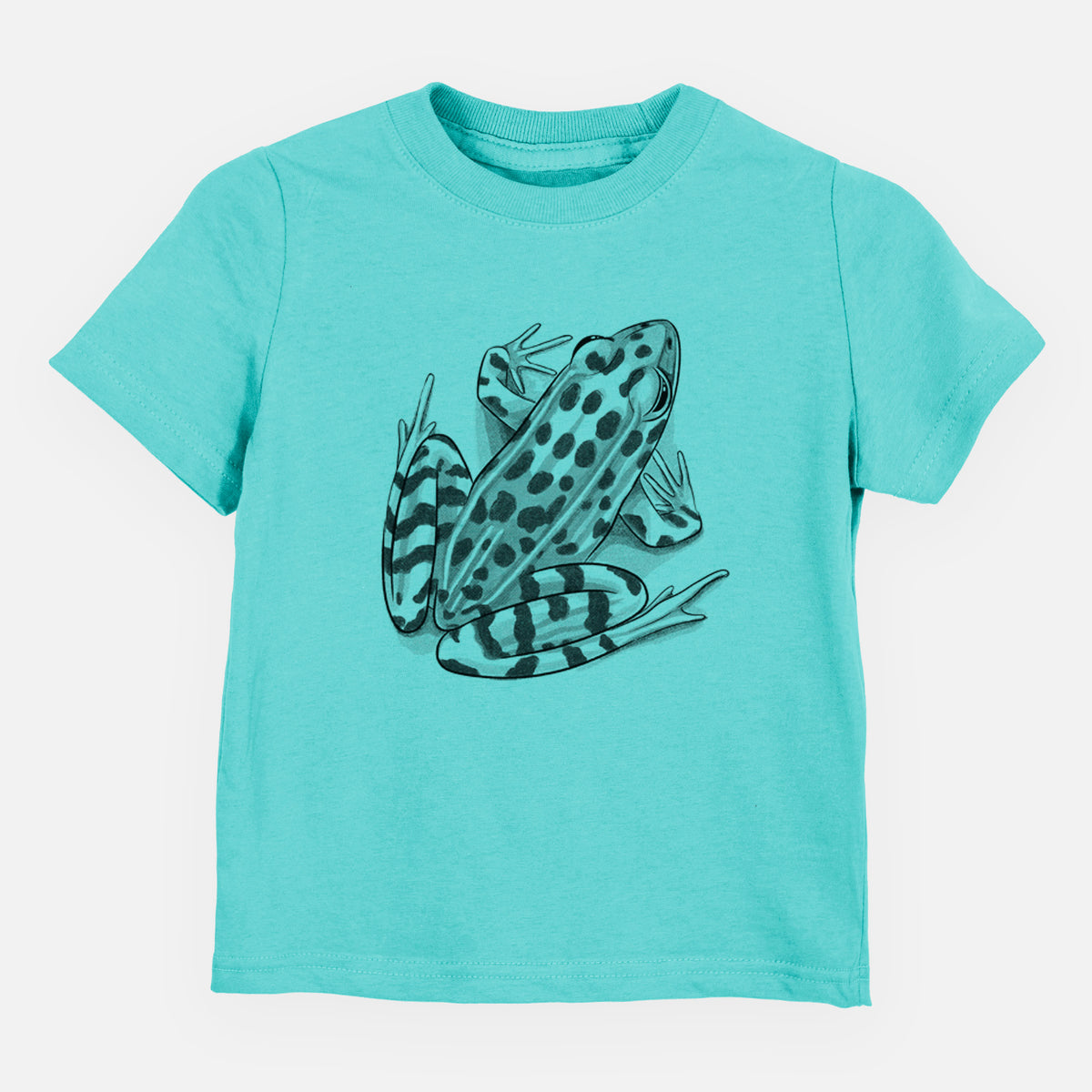 Caribbean blue toddler t-shirt laid flat, printed with a detailed black ink illustration of a spotted northern leopard frog.