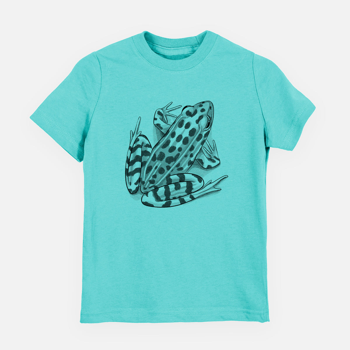 Caribbean blue youth t-shirt laid flat, printed with a detailed black ink illustration of a spotted northern leopard frog.