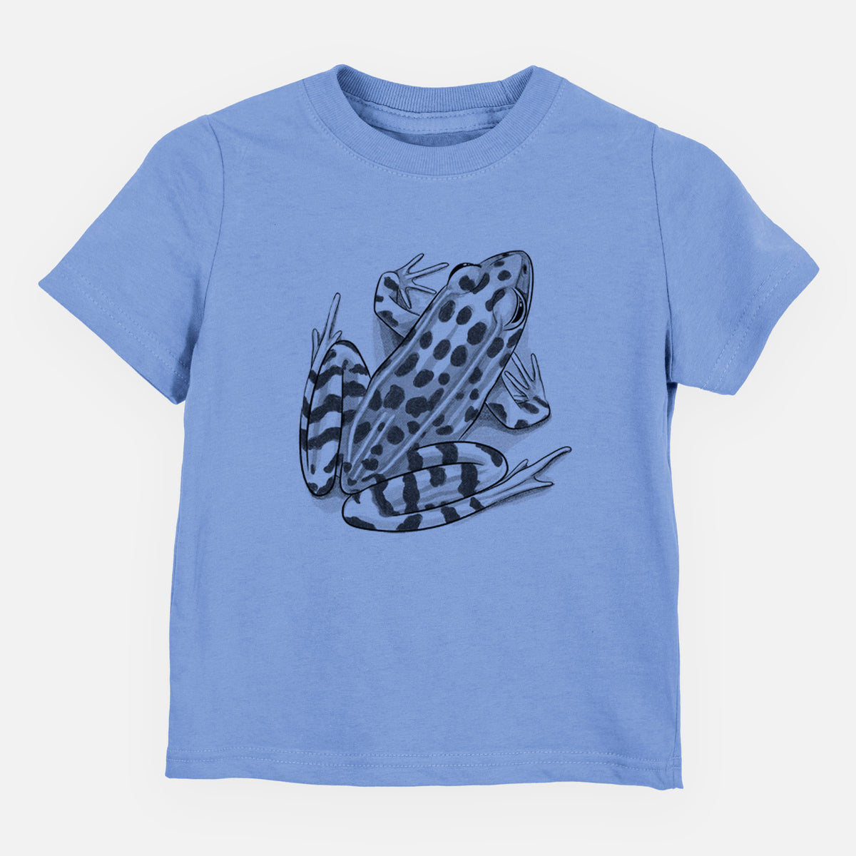 Carolina blue toddler t-shirt laid flat, printed with a detailed black ink illustration of a spotted northern leopard frog.