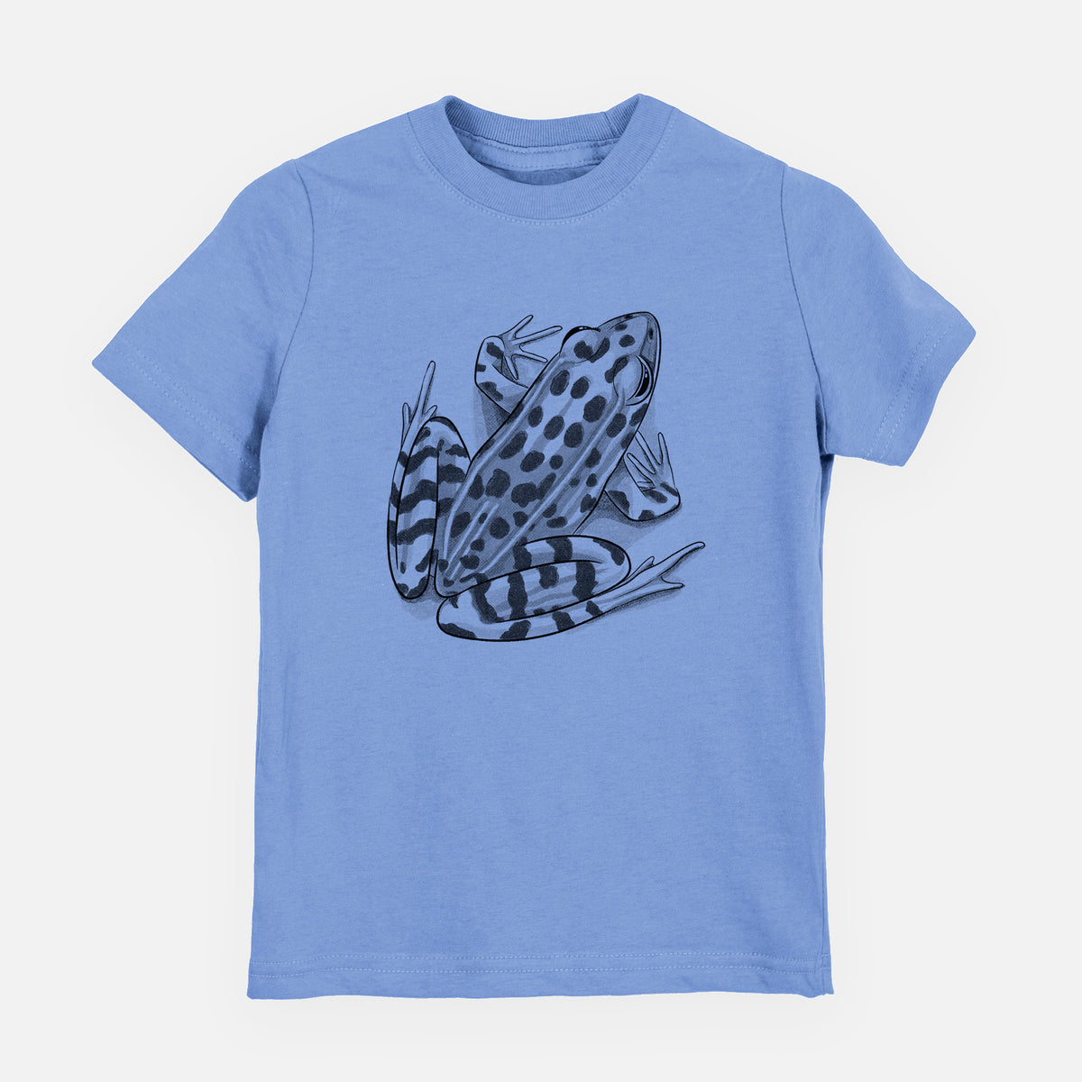 Carolina blue youth t-shirt laid flat, printed with a detailed black ink illustration of a spotted northern leopard frog.