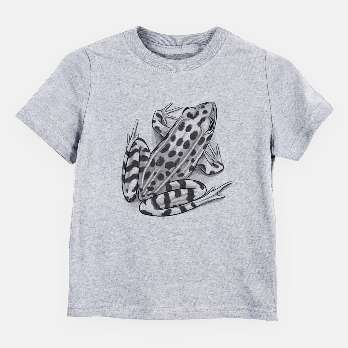 Heather grey toddler t-shirt laid flat, printed with a detailed black ink illustration of a spotted northern leopard frog.