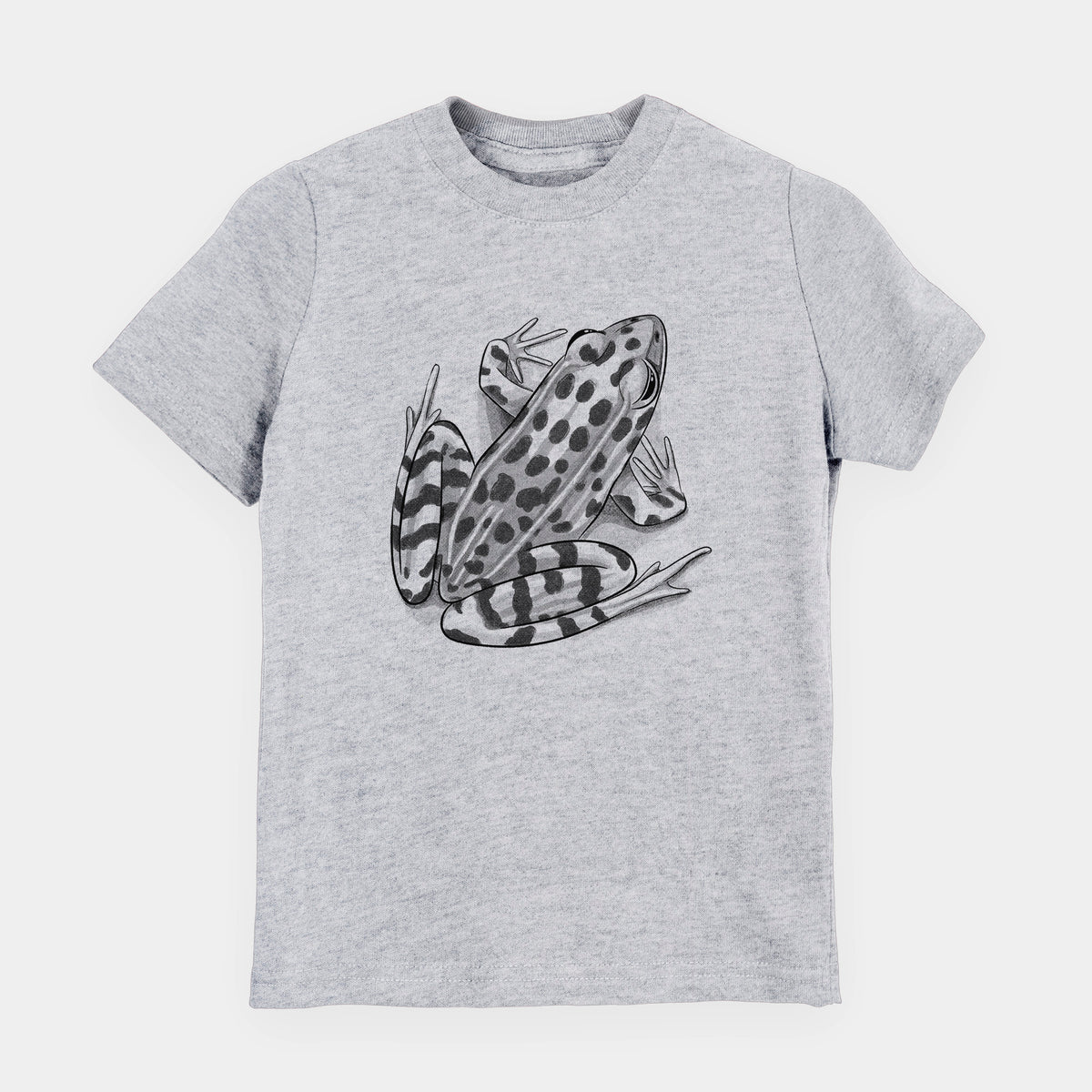 Heather grey youth t-shirt laid flat, printed with a detailed black ink illustration of a spotted northern leopard frog.