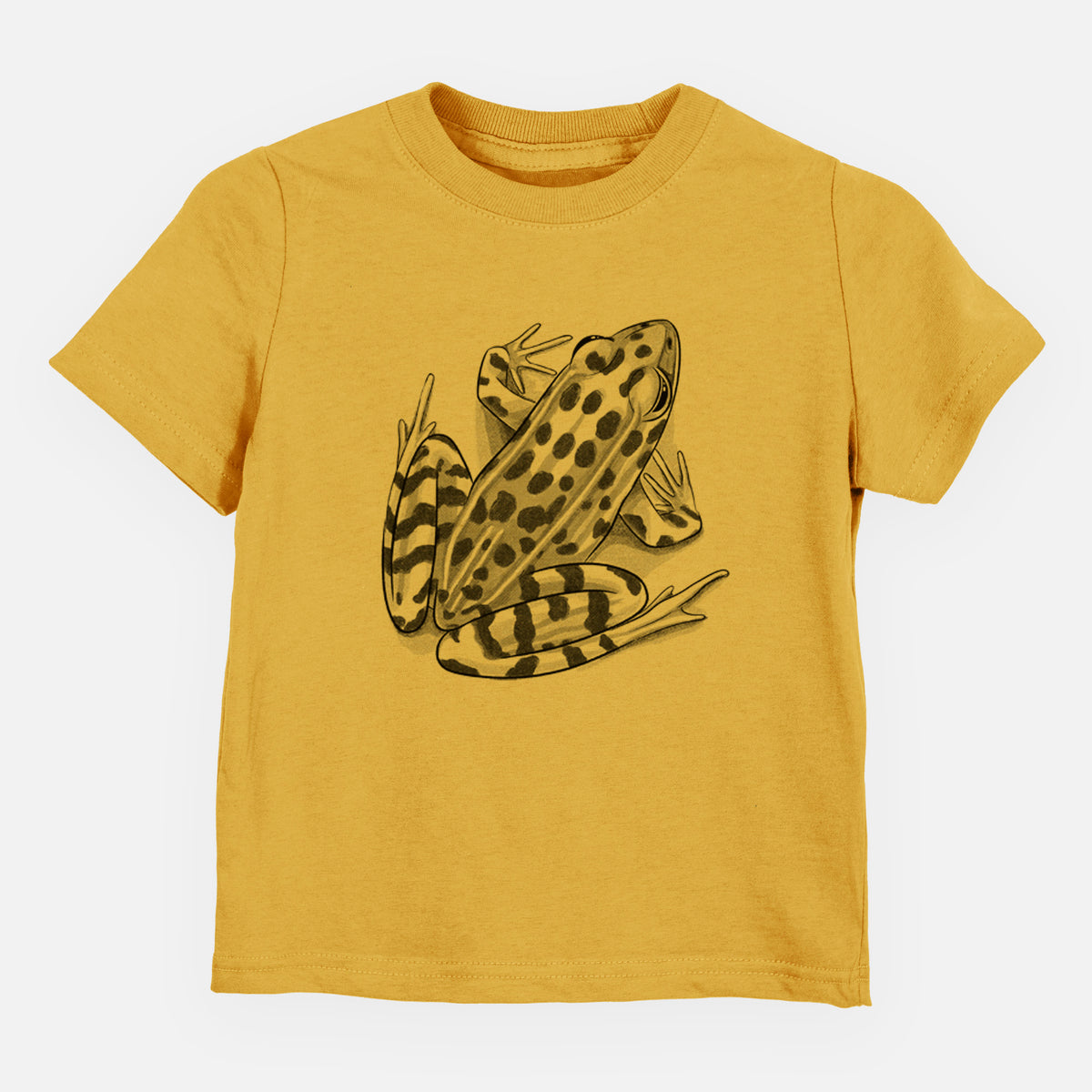 Honeycomb yellow toddler t-shirt laid flat, printed with a detailed black ink illustration of a spotted northern leopard frog.