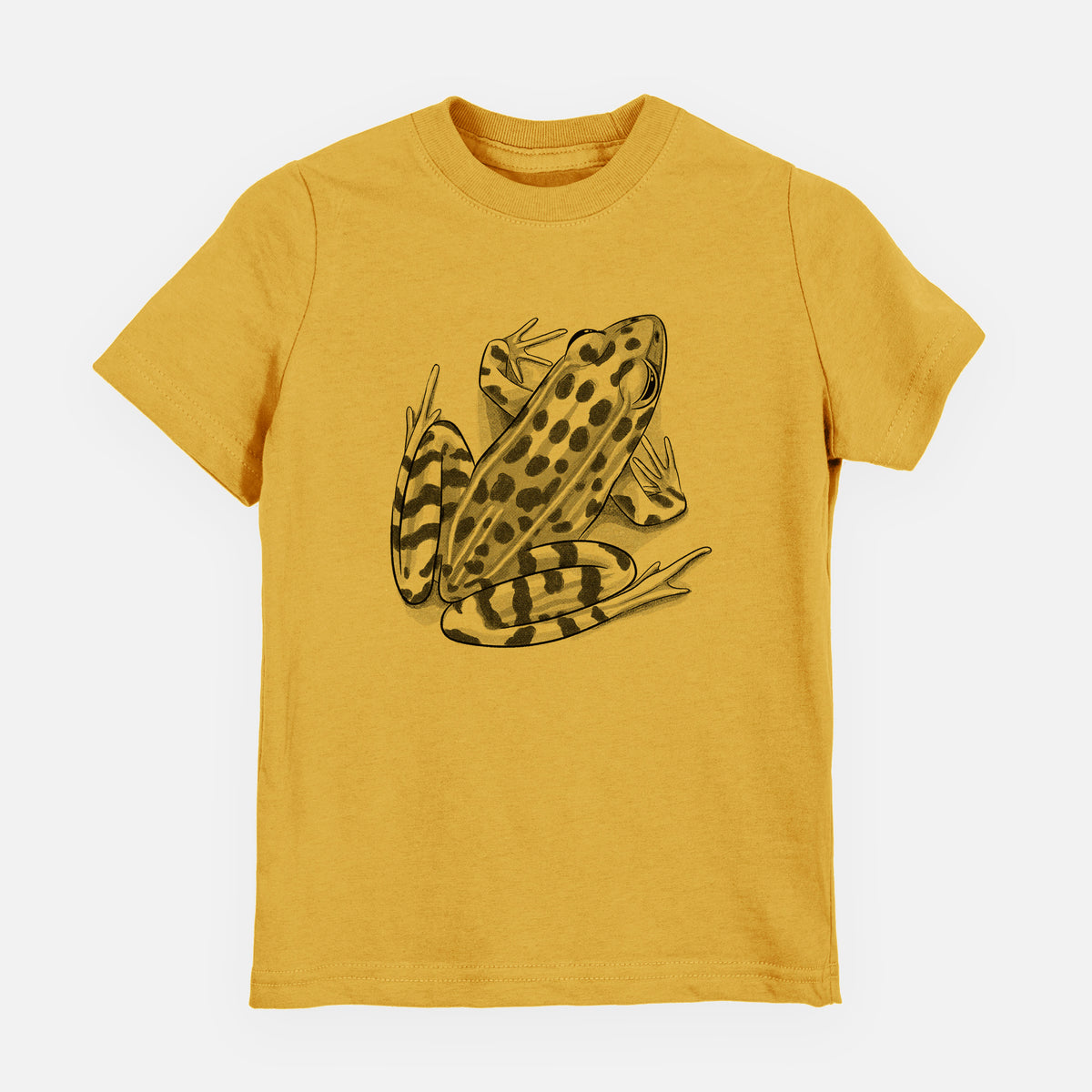 Honeycomb yellow youth t-shirt laid flat, printed with a detailed black ink illustration of a spotted northern leopard frog.