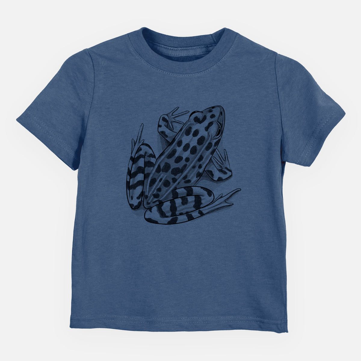 Indigo blue toddler t-shirt laid flat, printed with a detailed black ink illustration of a spotted northern leopard frog.