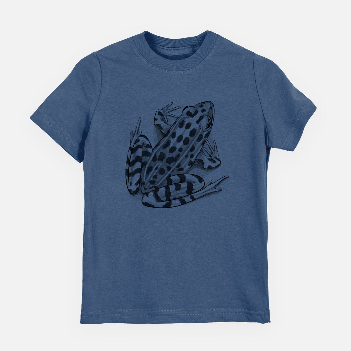 Indigo blue youth t-shirt laid flat, printed with a detailed black ink illustration of a spotted northern leopard frog.