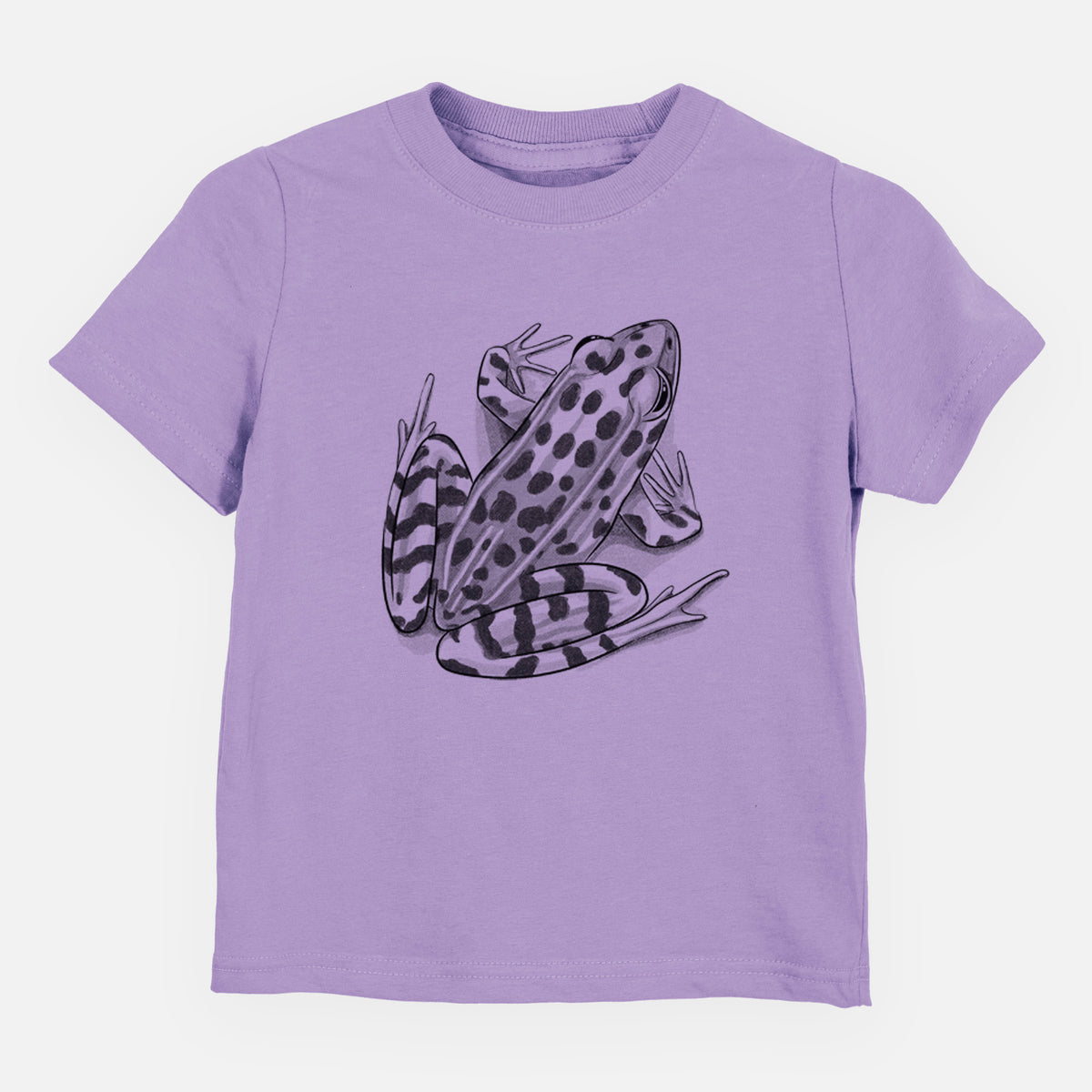 Lavender toddler t-shirt laid flat, printed with a detailed black ink illustration of a spotted northern leopard frog.