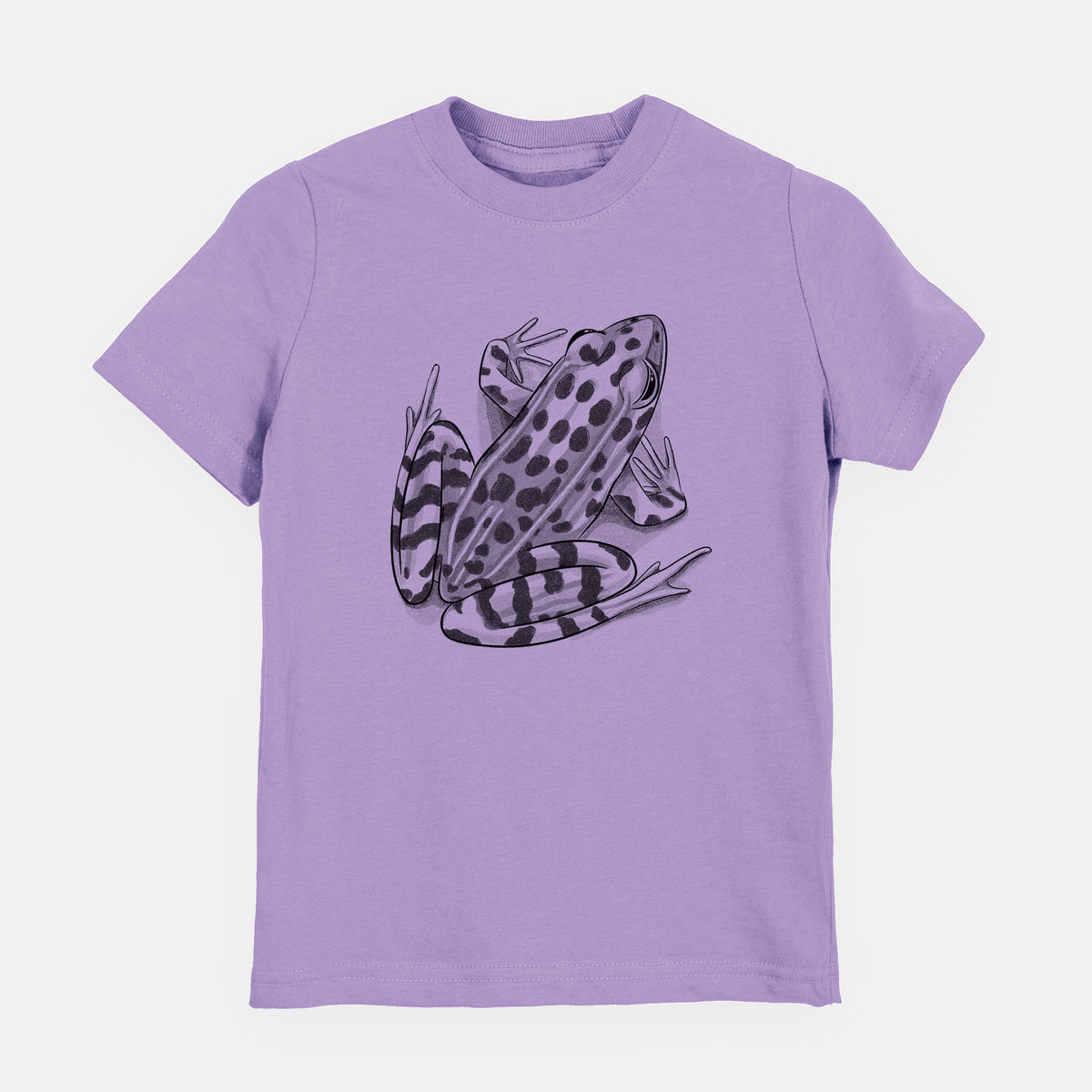 Lavender youth t-shirt laid flat, printed with a detailed black ink illustration of a spotted northern leopard frog.