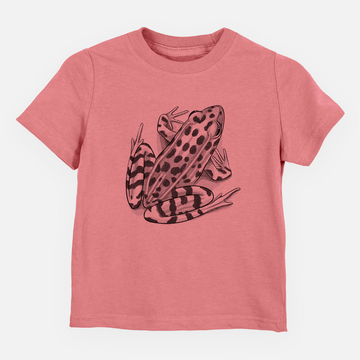 Mauve pink toddler t-shirt laid flat, printed with a detailed black ink illustration of a spotted northern leopard frog.