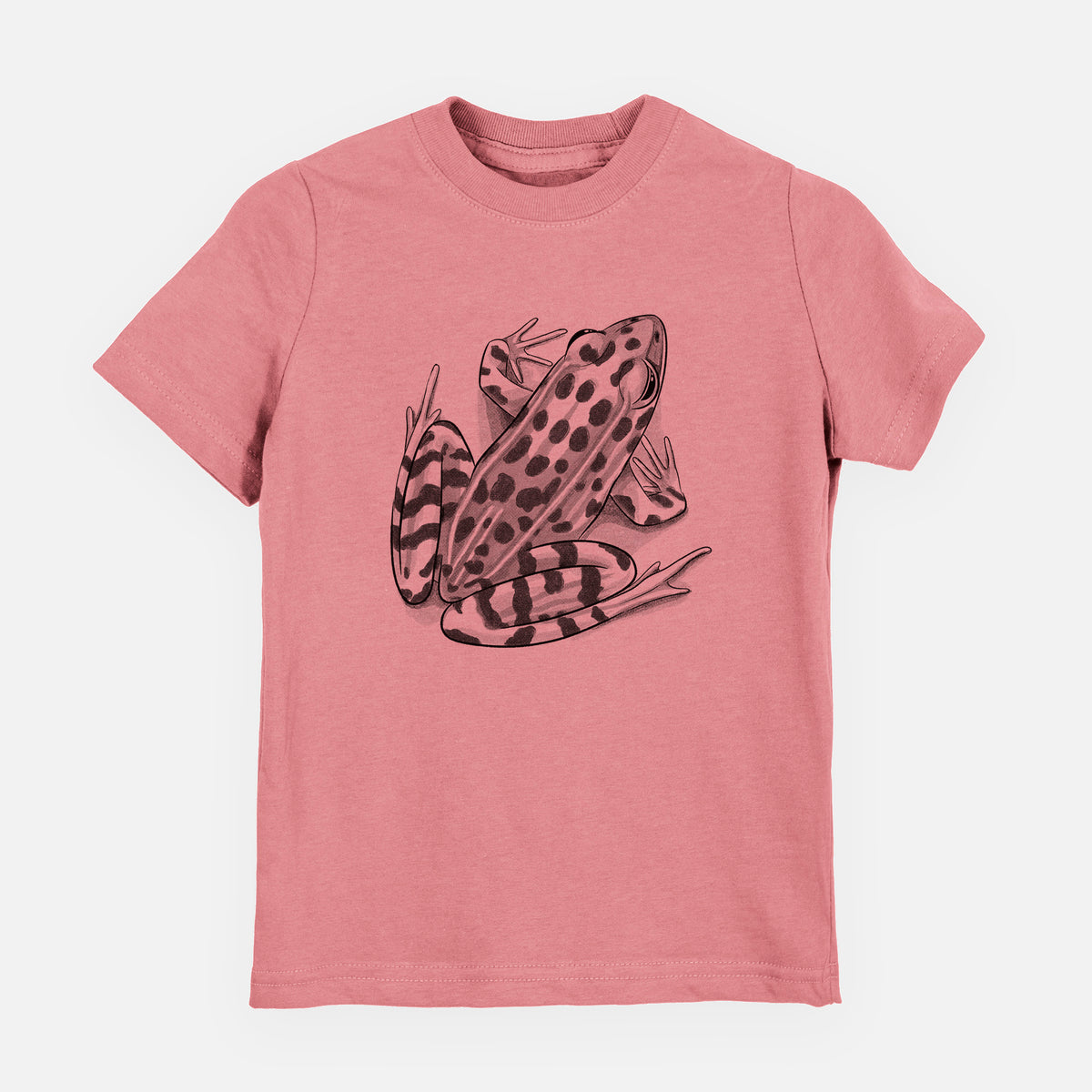 Mauve pink youth t-shirt laid flat, printed with a detailed black ink illustration of a spotted northern leopard frog.