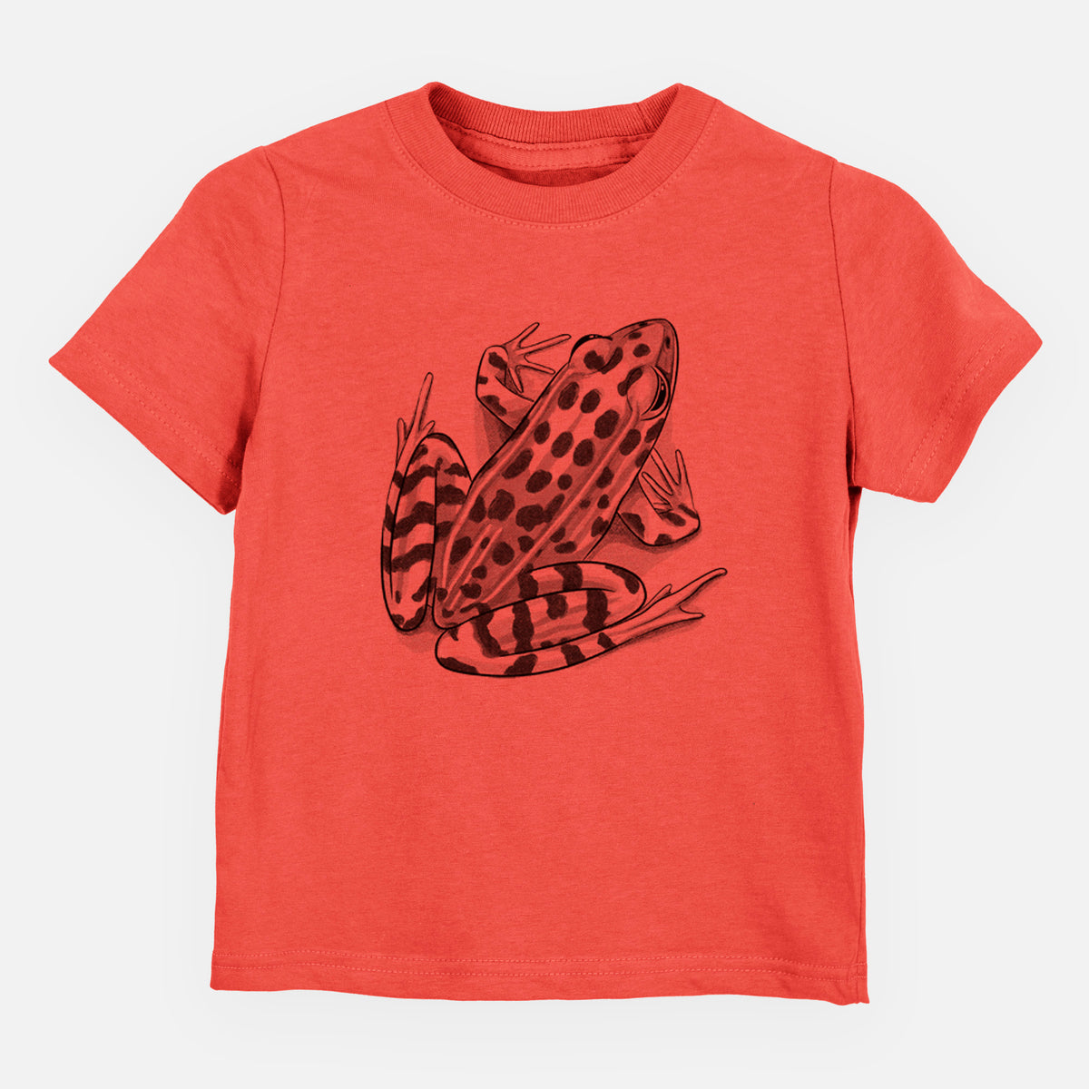 Passionfruit pink toddler t-shirt laid flat, printed with a detailed black ink illustration of a spotted northern leopard frog.
