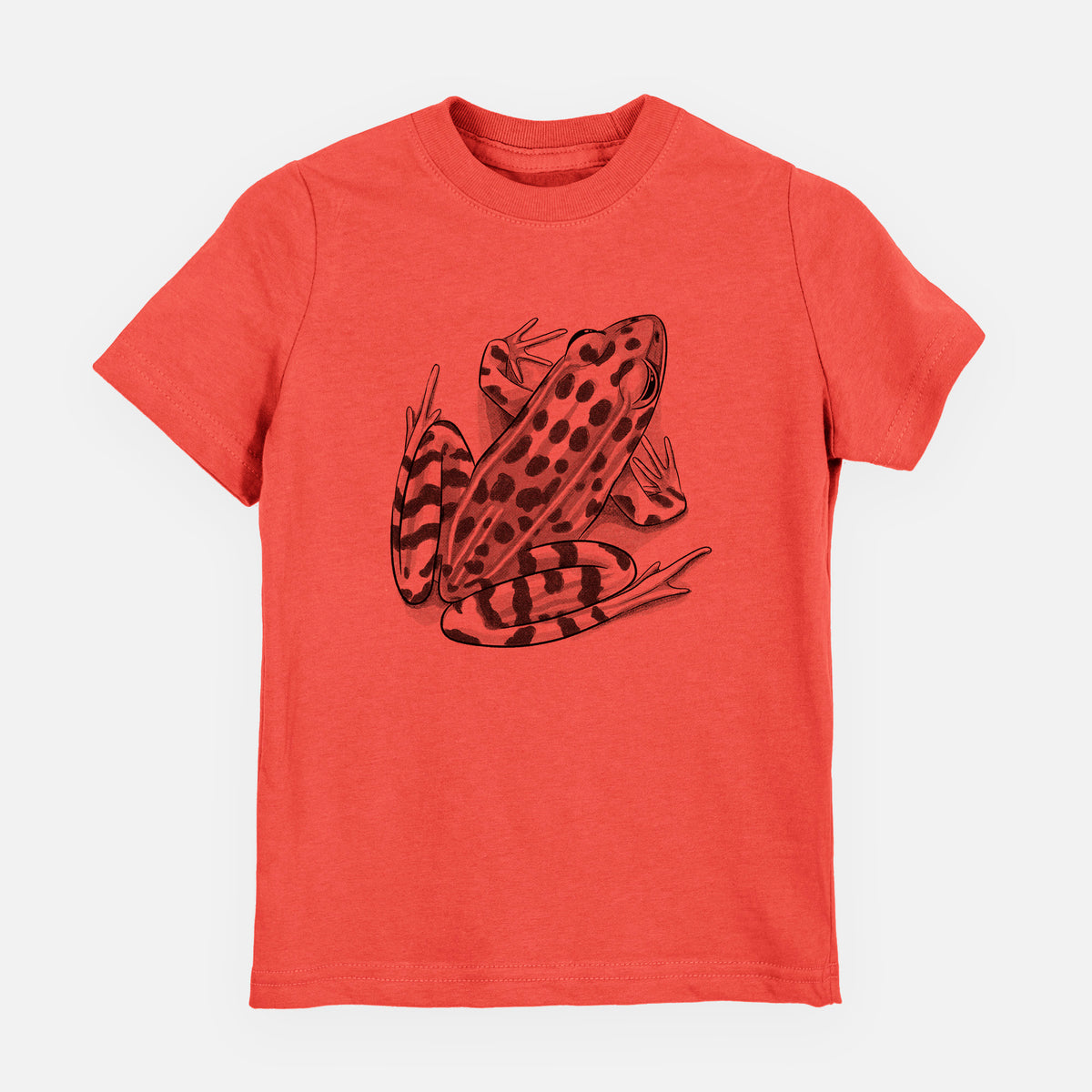 Passionfruit pink youth t-shirt laid flat, printed with a detailed black ink illustration of a spotted northern leopard frog.