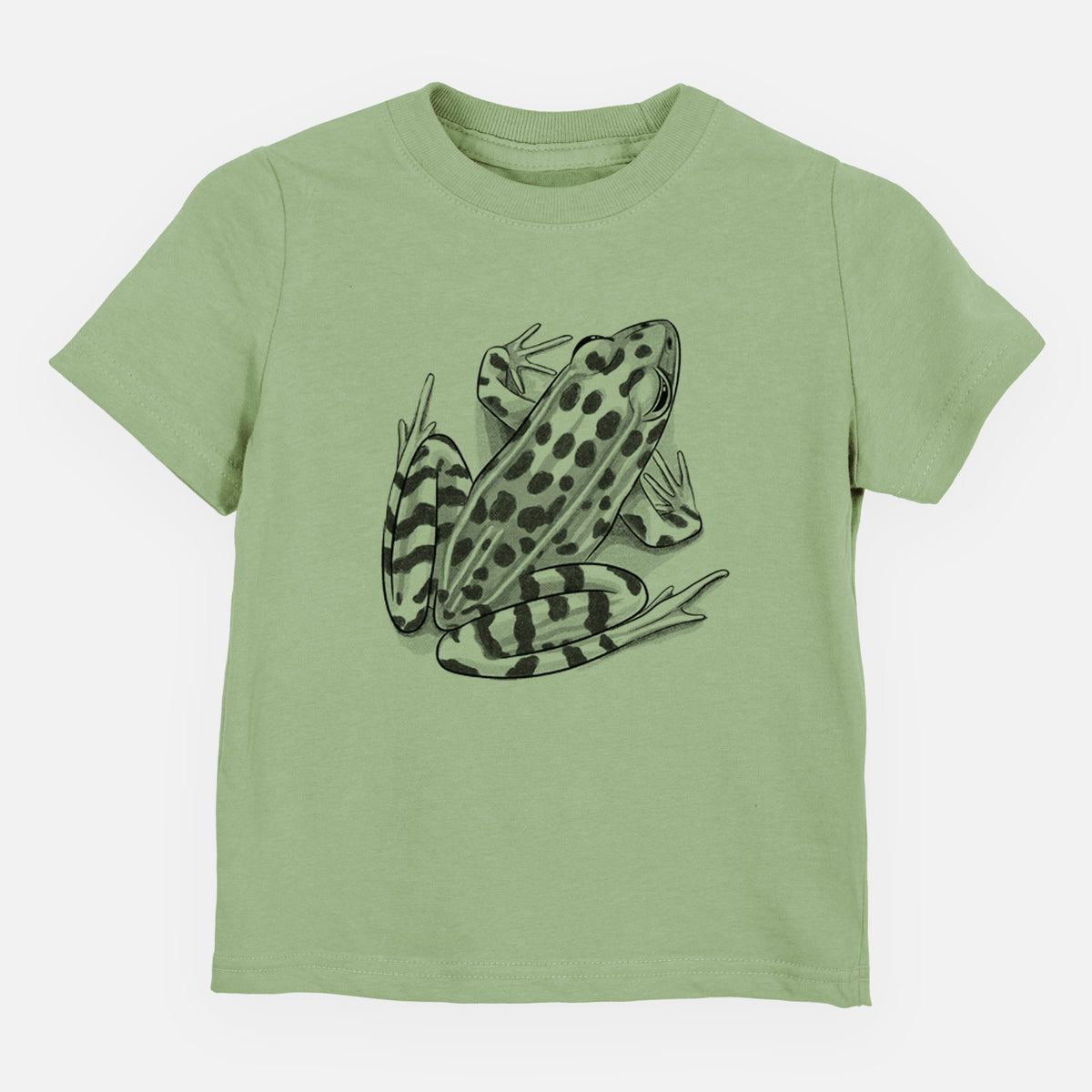 Sage green toddler t-shirt laid flat, printed with a detailed black ink illustration of a spotted northern leopard frog.