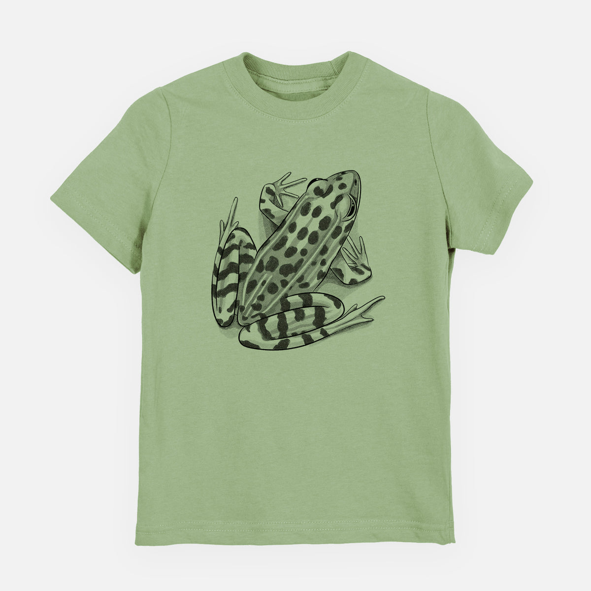 Sage green youth t-shirt laid flat, printed with a detailed black ink illustration of a spotted northern leopard frog.