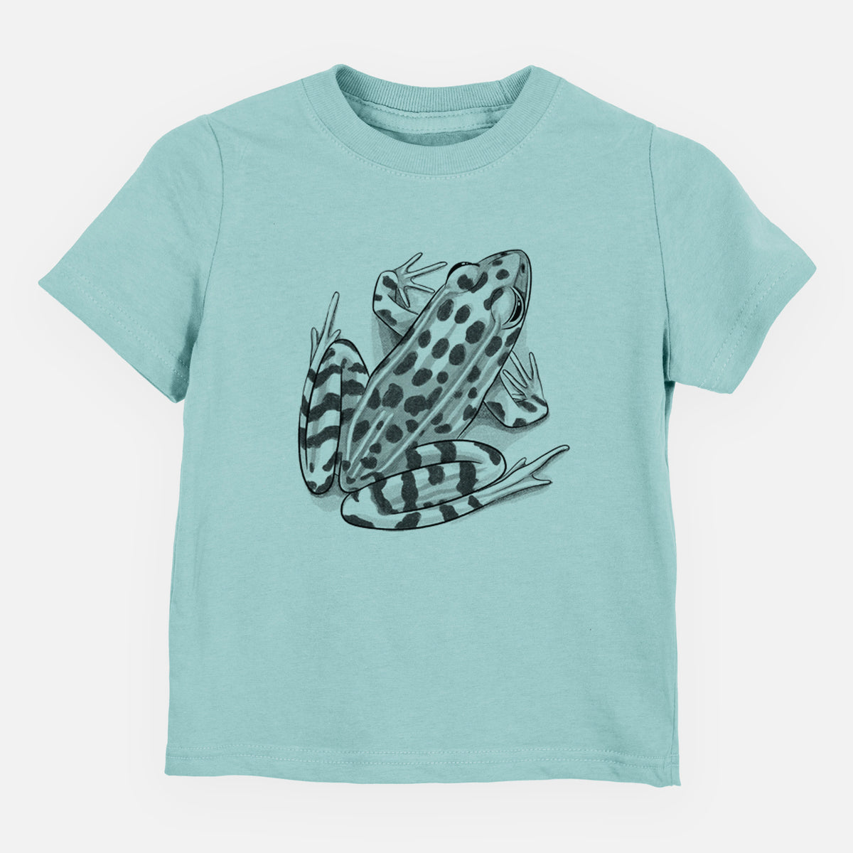 Saltwater toddler t-shirt laid flat, printed with a detailed black ink illustration of a spotted northern leopard frog.