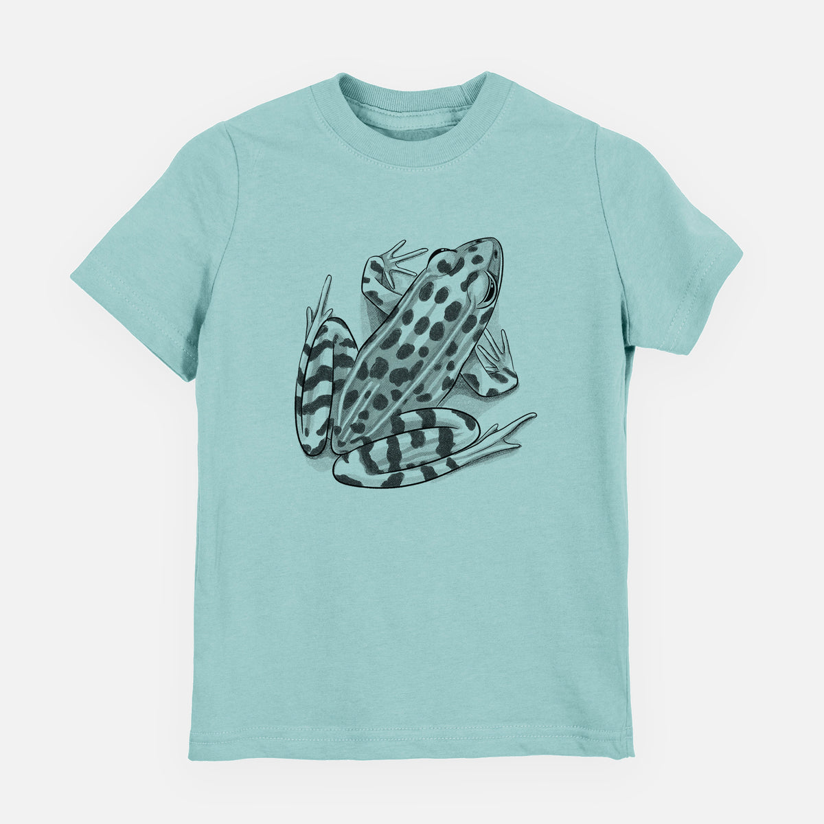 Saltwater youth t-shirt laid flat, printed with a detailed black ink illustration of a spotted northern leopard frog.