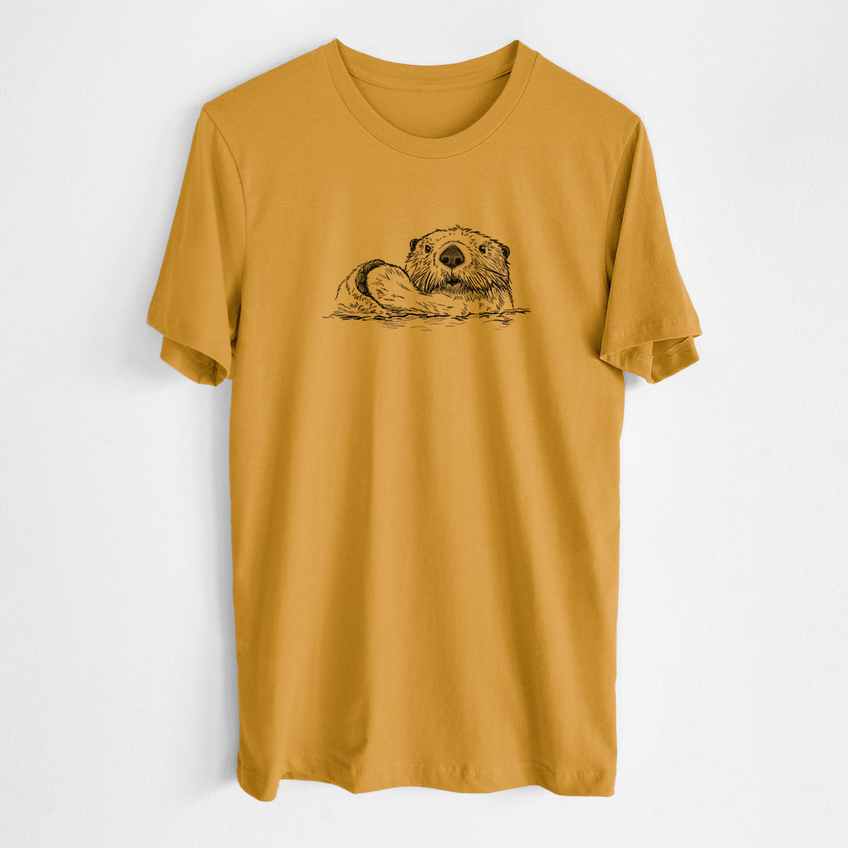 Honeycomb yellow lightweight cotton t-shirt laid flat, printed with a black ink illustration of a northern river otter peeking out of the water.