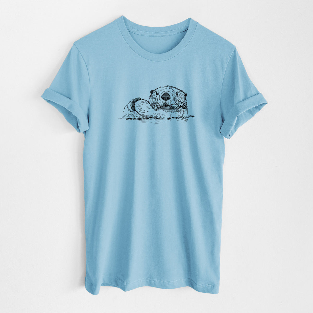 Ocean blue lightweight cotton t-shirt laid flat, printed with a black ink illustration of a northern river otter peeking out of the water.