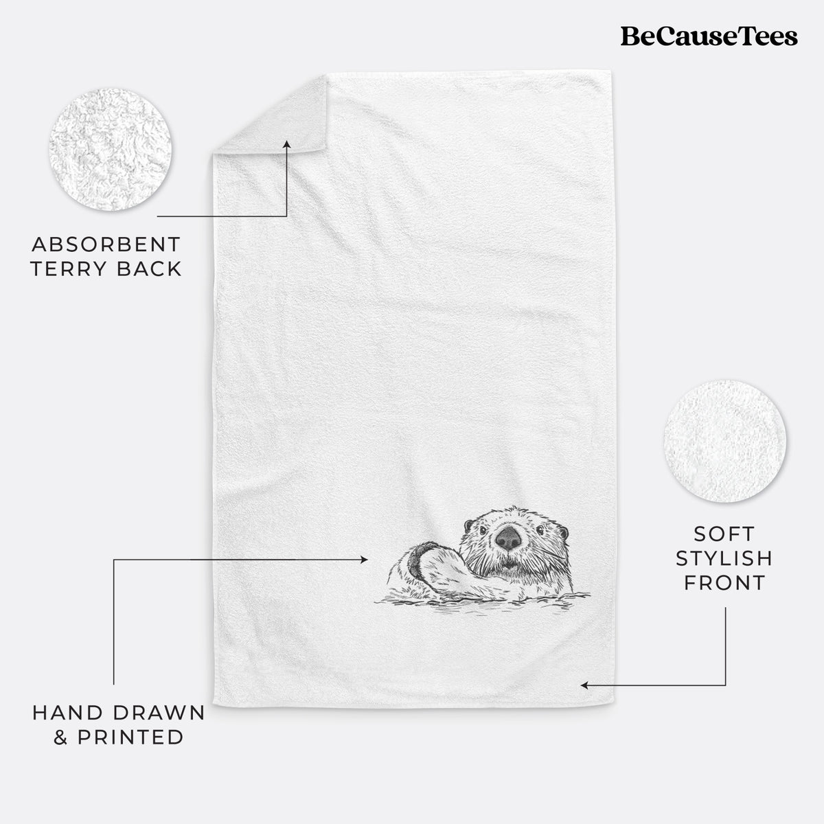 White hand towel printed with a black ink illustration of a northern river otter peeking out of the water.