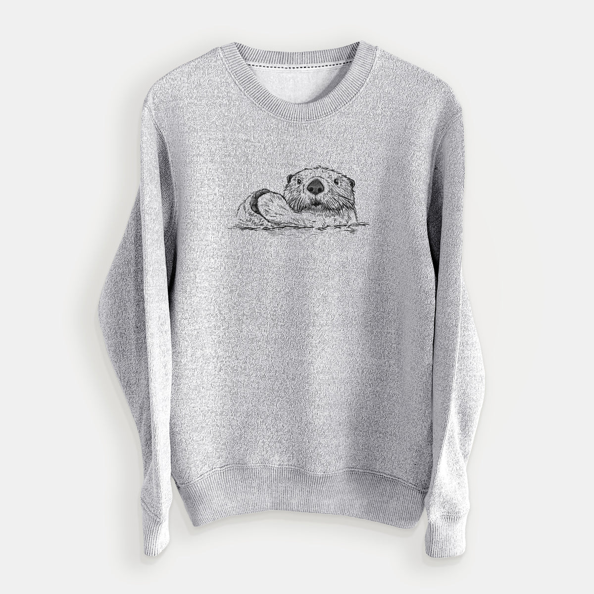 Salt and pepper knit sweatshirt laid flat, printed with a black ink illustration of a northern river otter peeking out of the water.