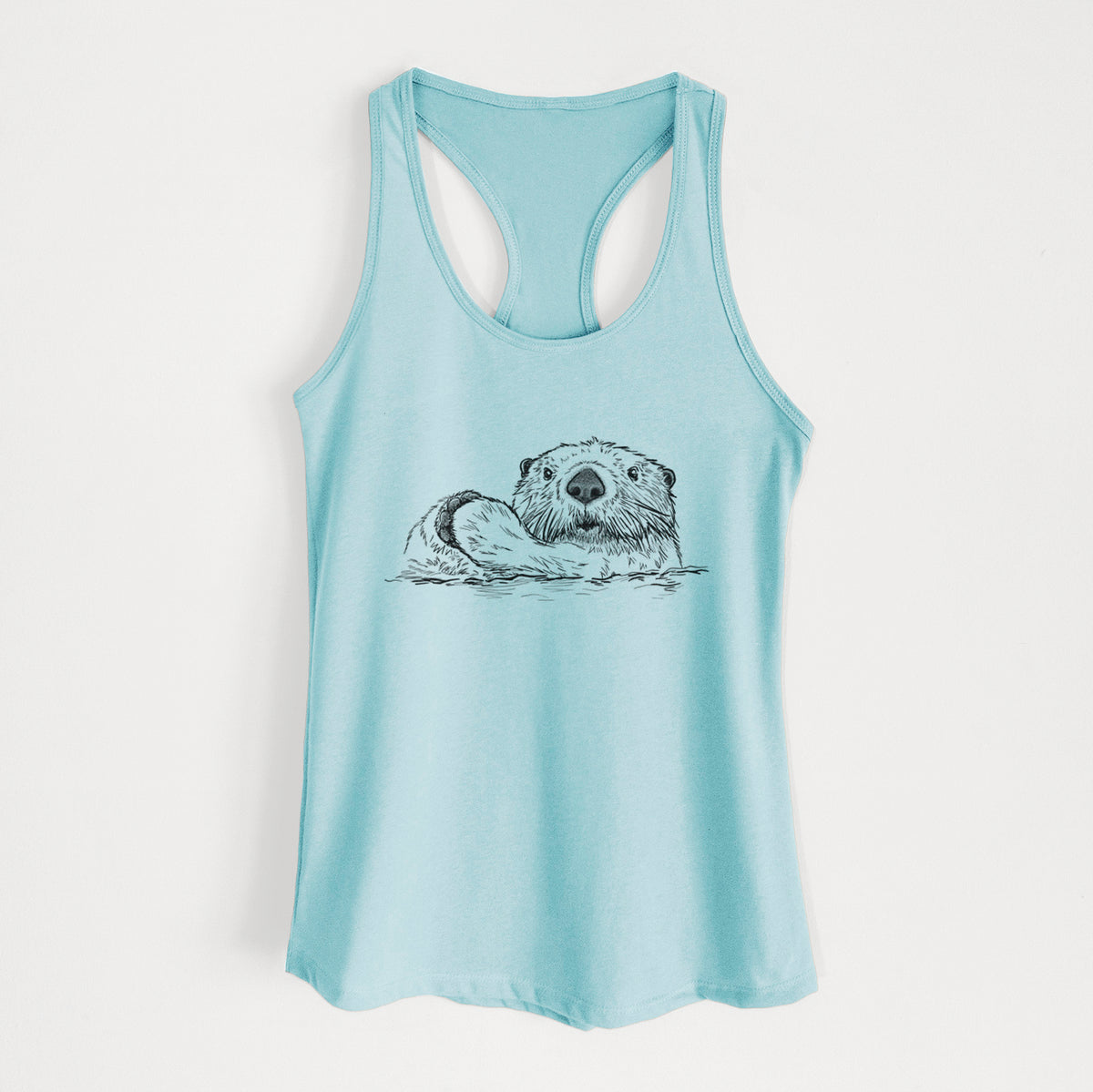 Cancun blue women's racerback tank top laid flat, printed with a black ink illustration of a northern river otter peeking out of the water.