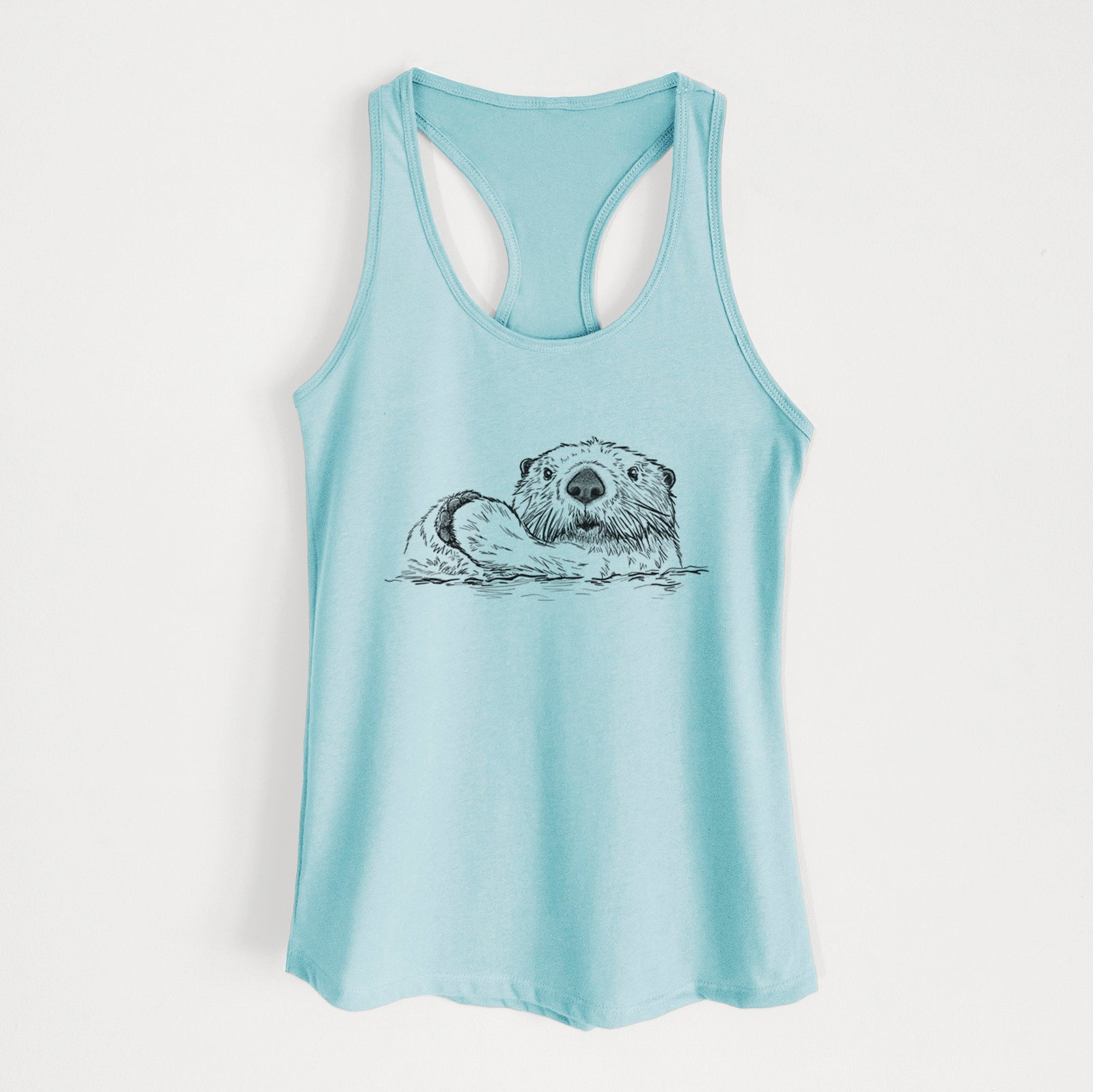 Banana cream women's racerback tank top laid flat, printed with a black ink illustration of a northern river otter peeking out of the water.
