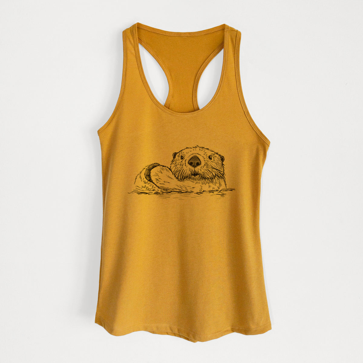 Gold women's racerback tank top laid flat, printed with a black ink illustration of a northern river otter peeking out of the water.