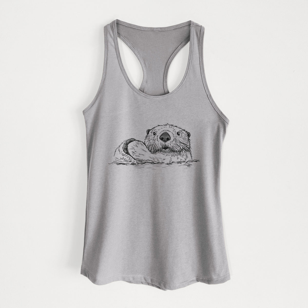 Heather grey women's racerback tank top laid flat, printed with a black ink illustration of a northern river otter peeking out of the water.