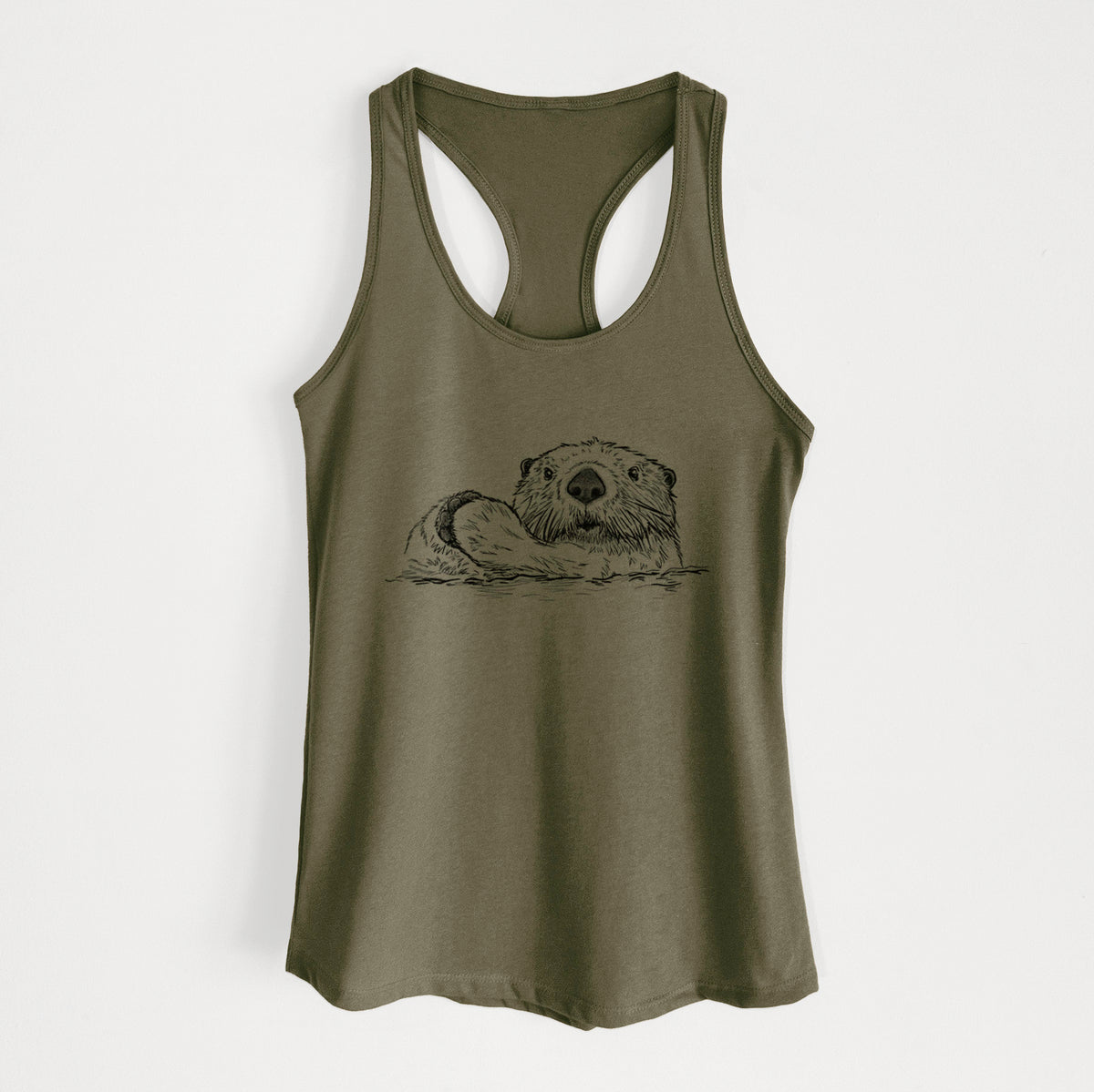 Military green women's racerback tank top laid flat, printed with a black ink illustration of a northern river otter peeking out of the water.