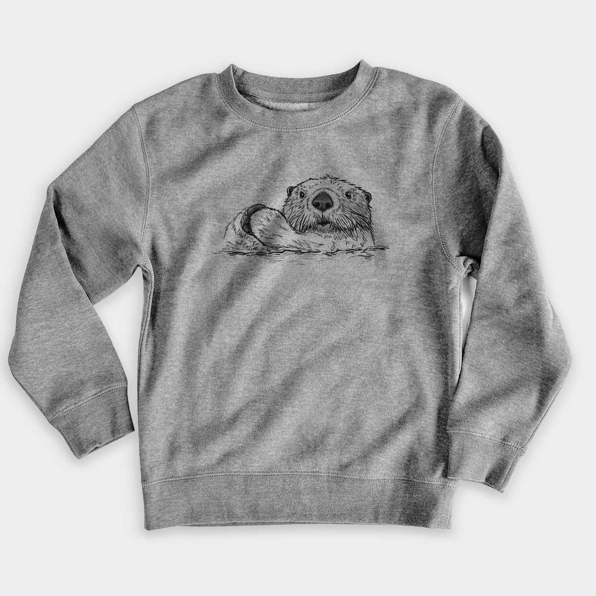 Nickel grey youth crewneck sweatshirt laid flat, printed with a black ink illustration of a northern river otter peeking out of the water.