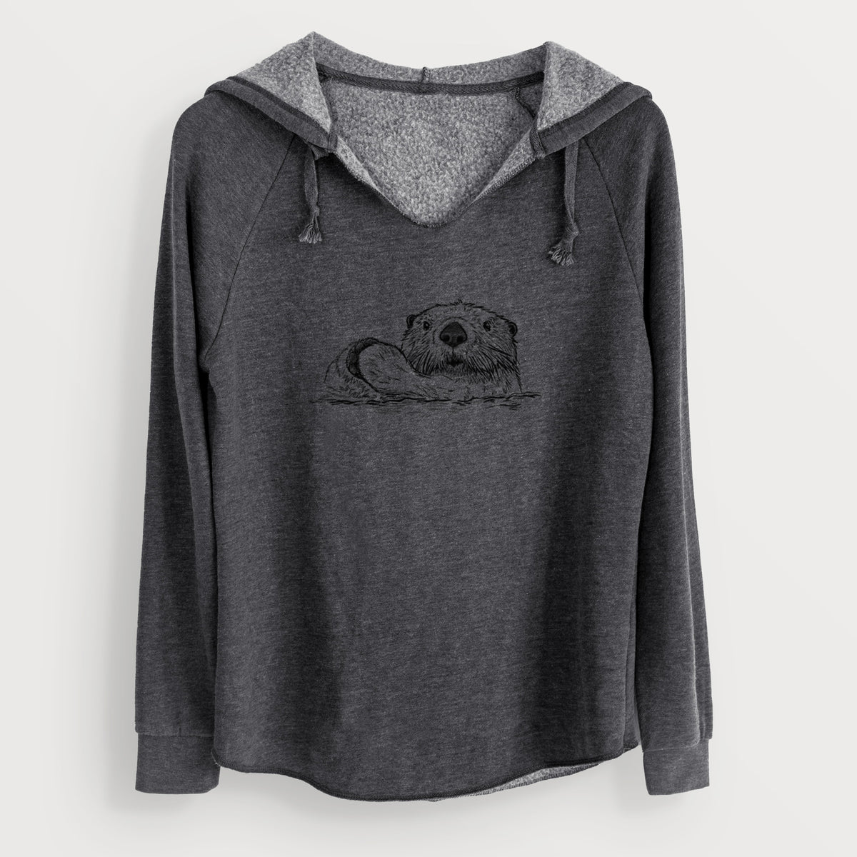Charcoal grey women's Cali Wave hooded sweatshirt laid flat, printed with a black ink illustration of a northern river otter peeking out of the water.