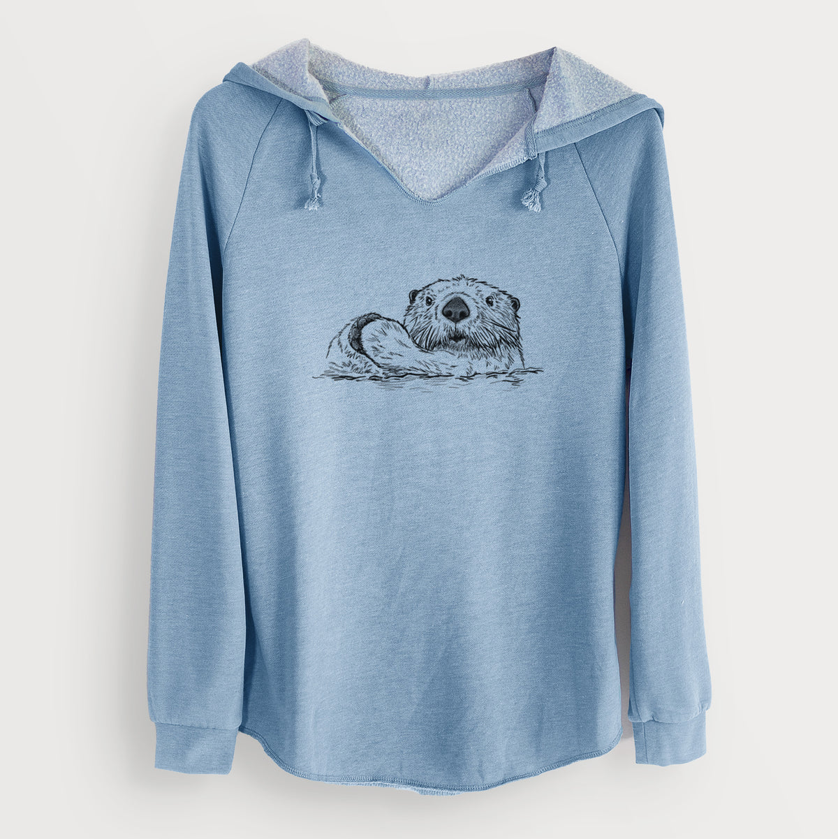 Misty blue women's Cali Wave hooded sweatshirt laid flat, printed with a black ink illustration of a northern river otter peeking out of the water.