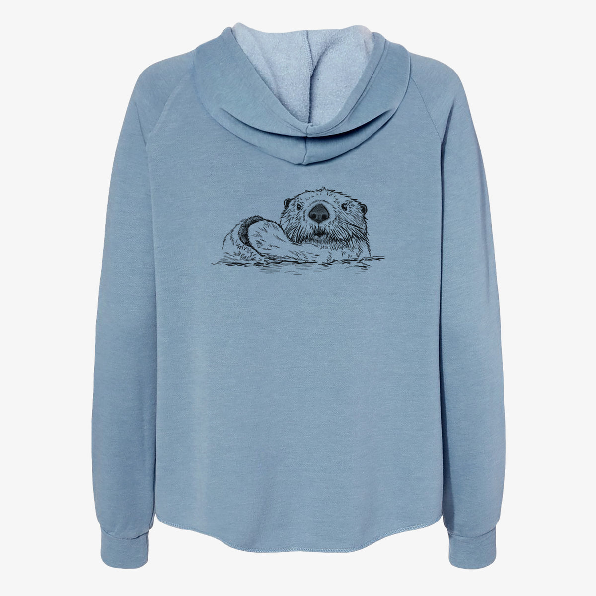 Misty blue women's Cali Wave zip-up sweatshirt laid flat, printed with a black ink illustration of a northern river otter peeking out of the water.